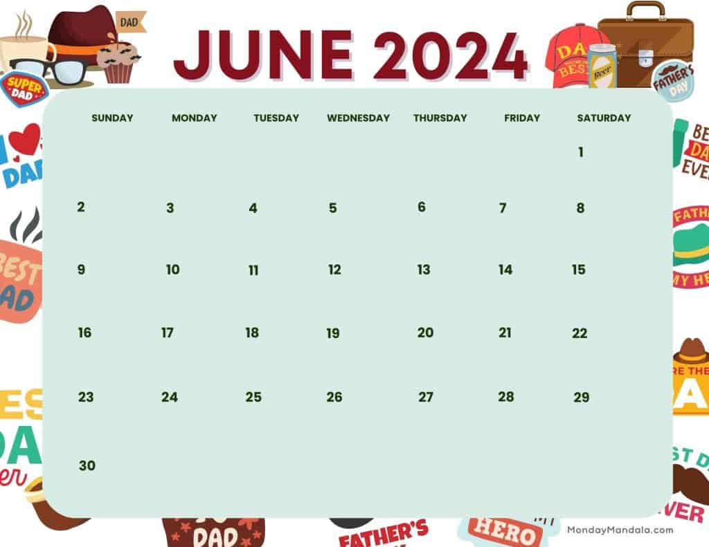 June 2024 Calendars (52 Free Pdf Printables) | June 2024 Calendar Fathers Day