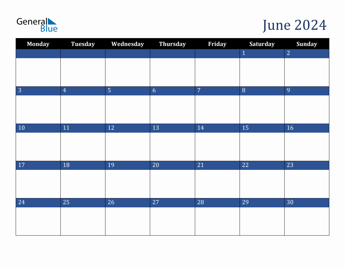 June 2024 Downloadable Monday Start Calendar | General Blue Calendar June 2024