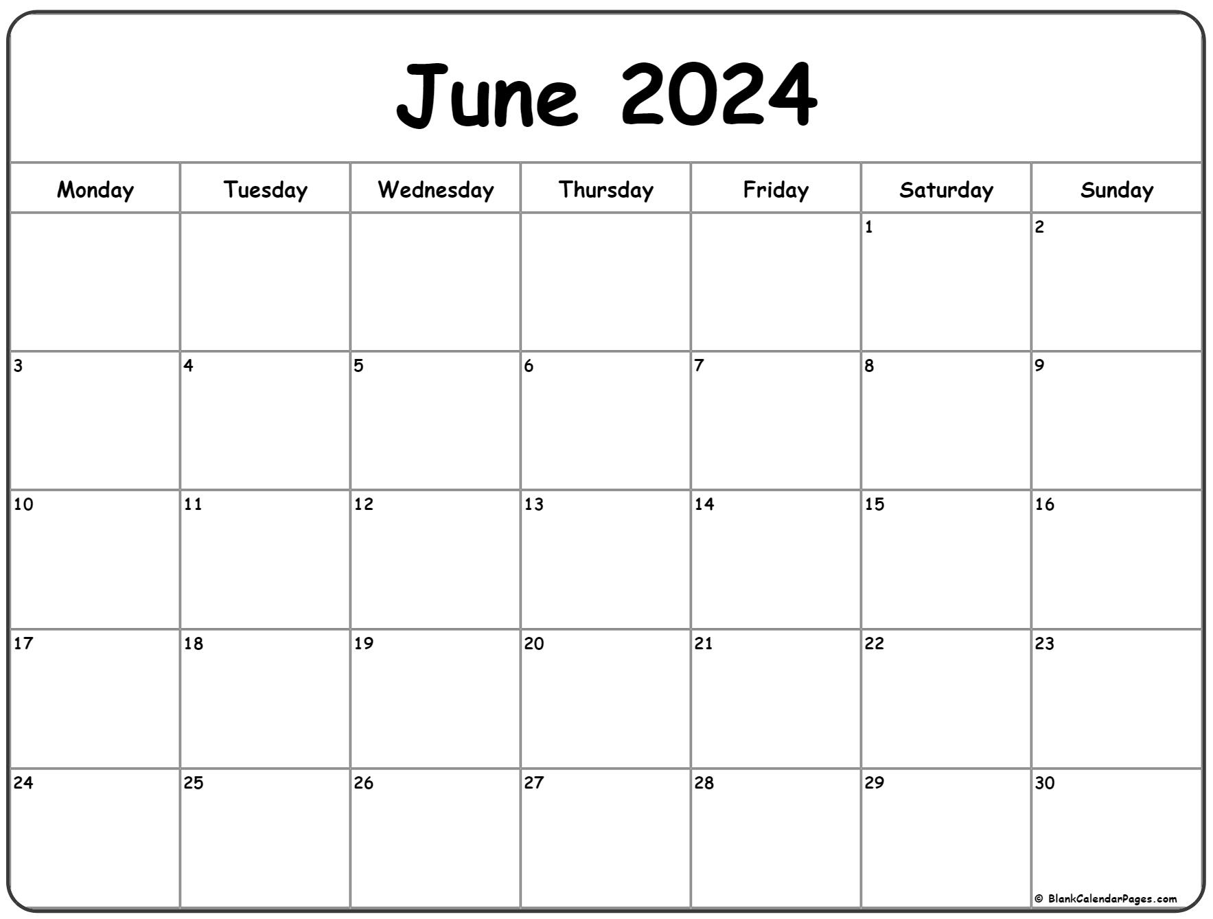 June 2024 Monday Calendar | Monday To Sunday | A Calendar For June 2024