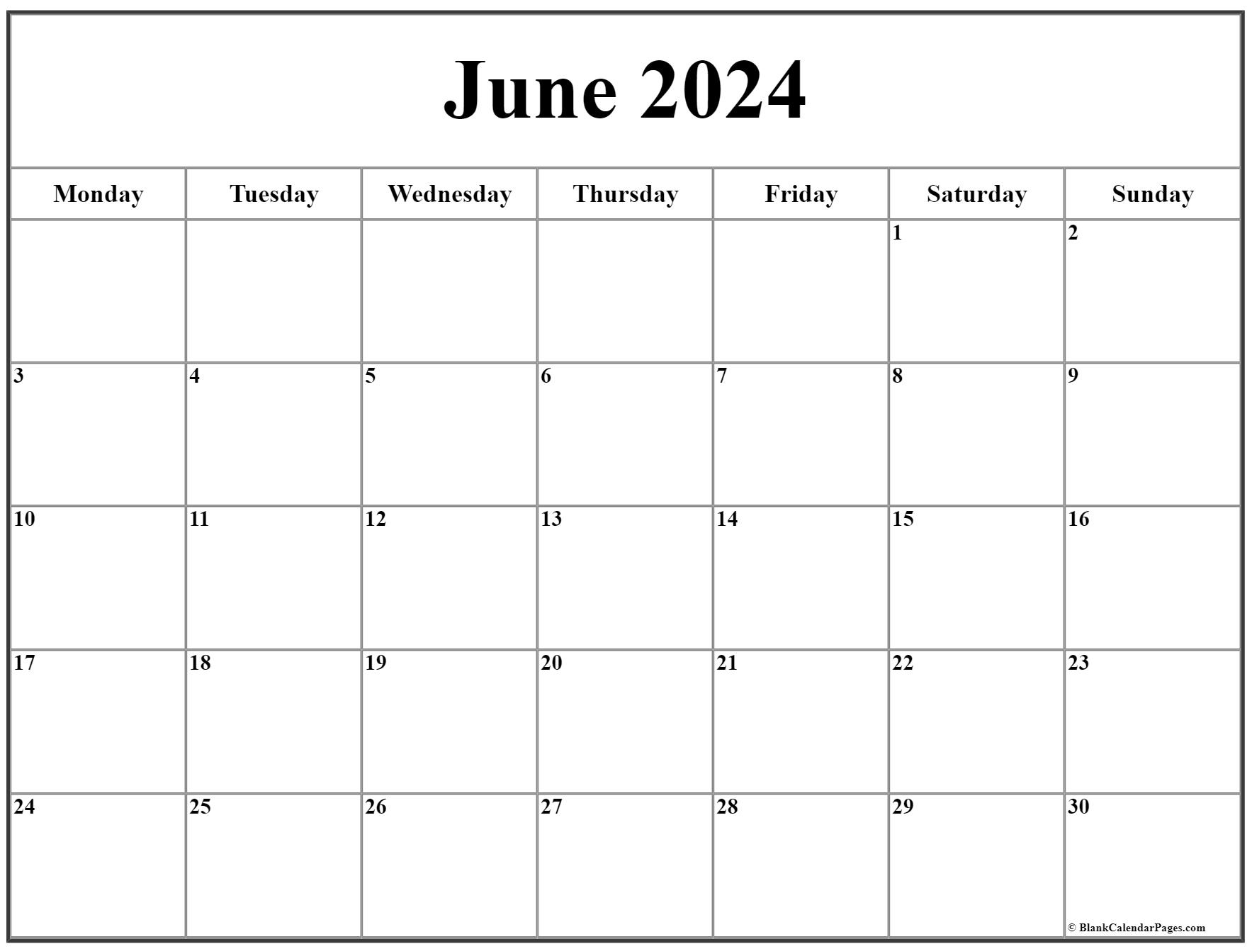 June 2024 Monday Calendar | Monday To Sunday | Blank Calendar June 2024 Printable