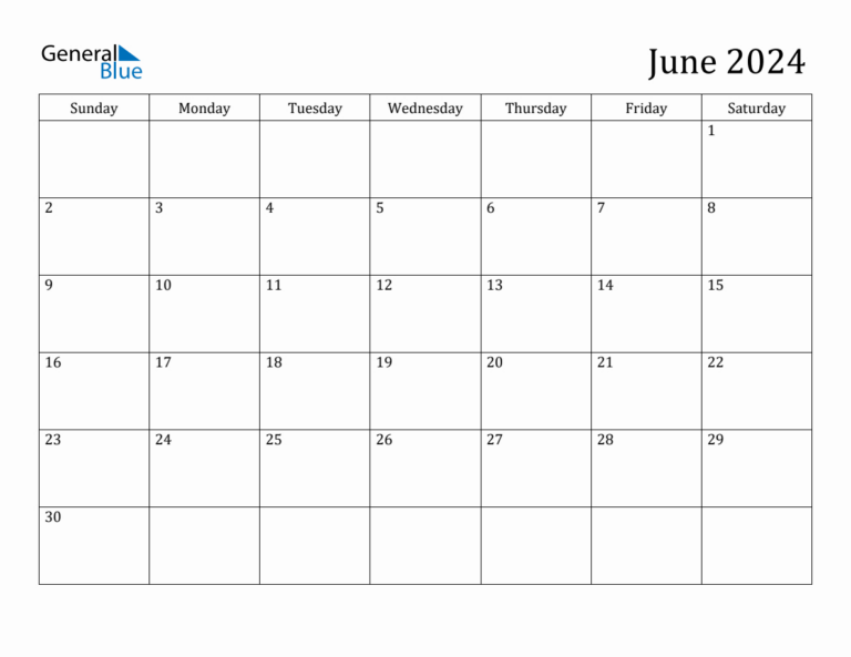 June 2024 Monthly Calendar | General Blue Calendar June 2024