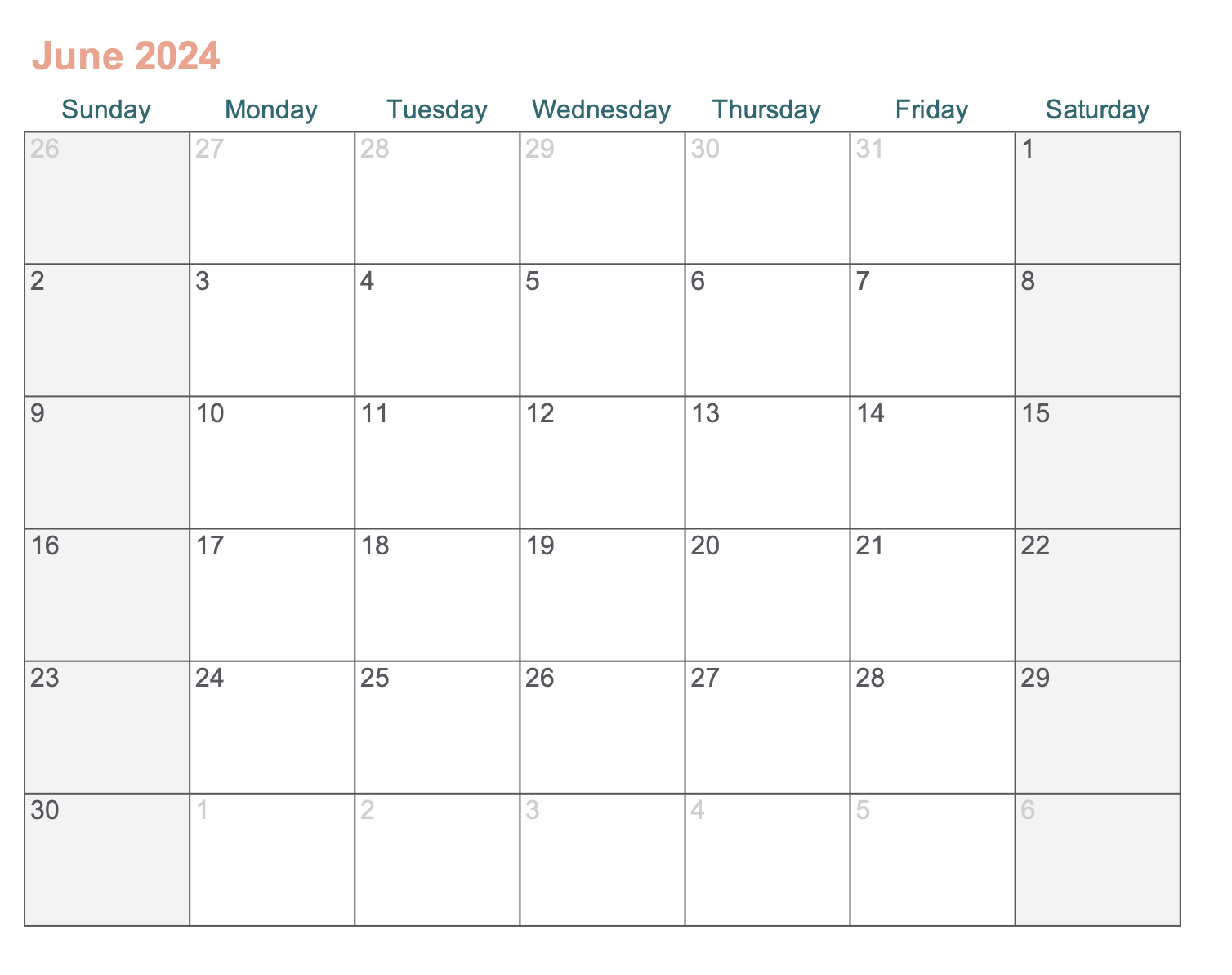 June 2024 Printable Calendar With Excel - Agendrix | General Blue Calendar June 2024