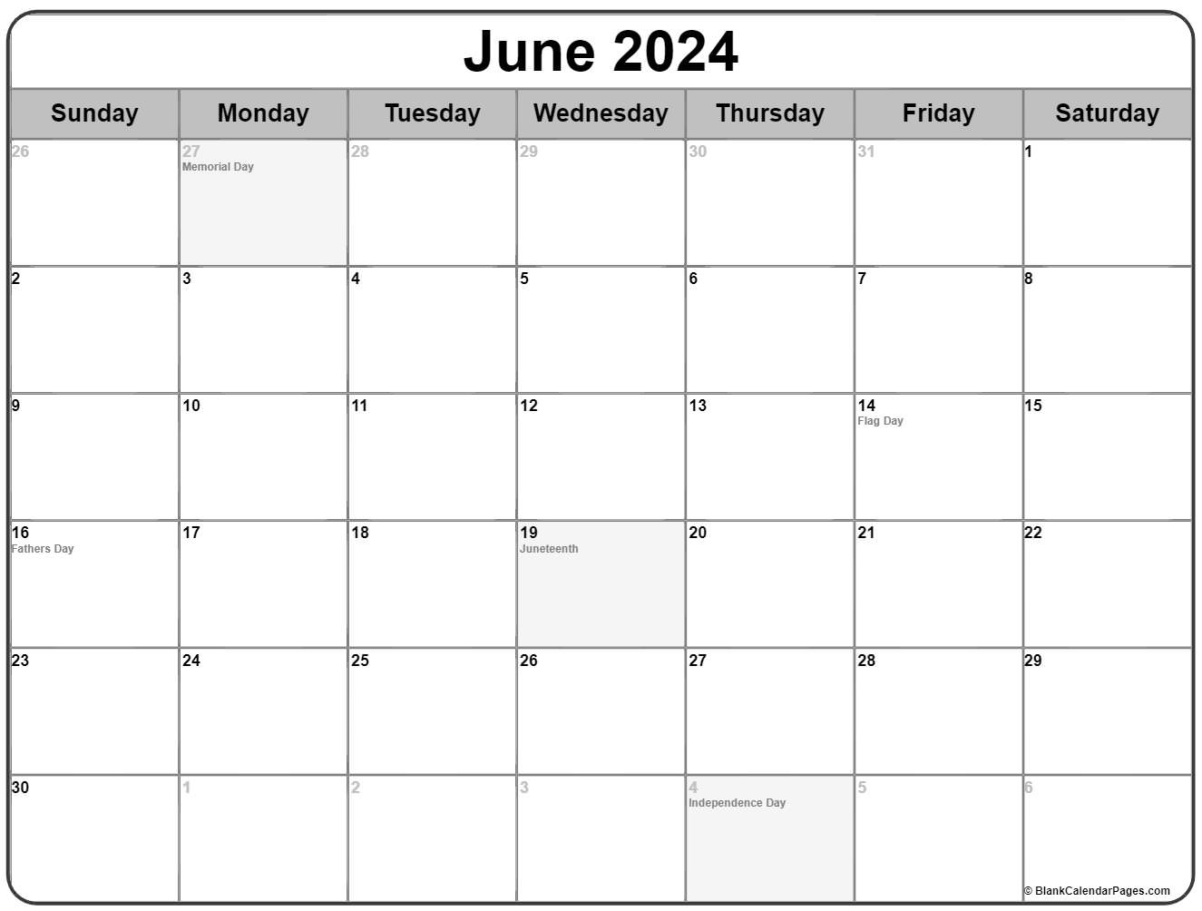 June 2024 With Holidays Calendar | June 2024 Calendar With Holidays Usa