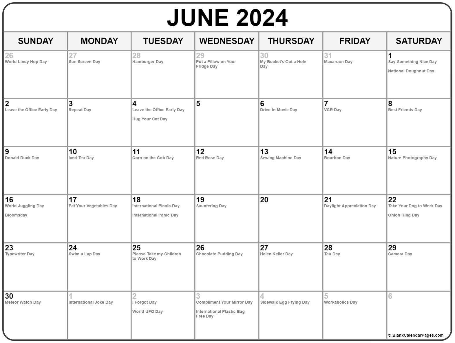 June 2024 With Holidays Calendar | National Calendar Day June 2024