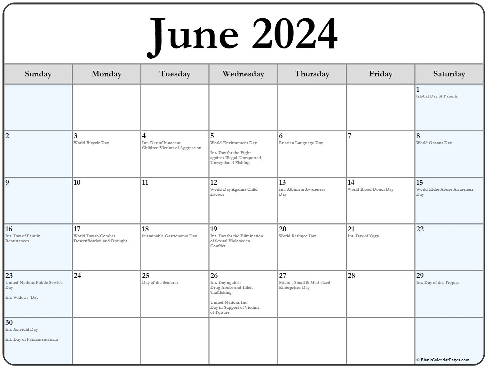 June 2024 With Holidays Calendar | National Day Calendar 2024 June