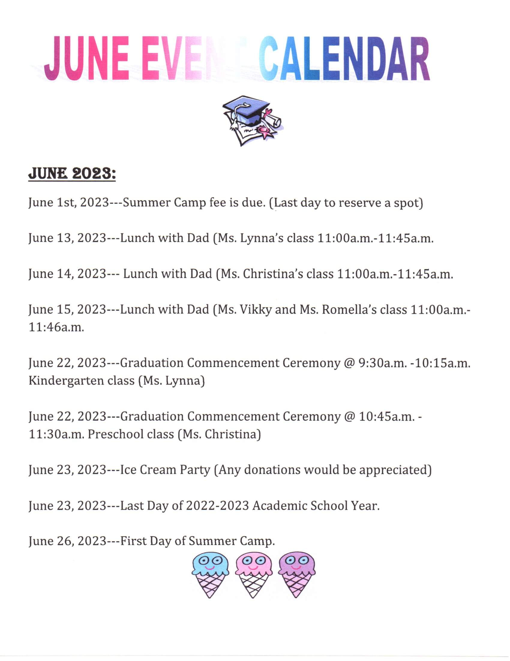 June Event Calendar | Bonnie Academy Preschool &amp;amp; Kindergarten | Last Day of June Calendar