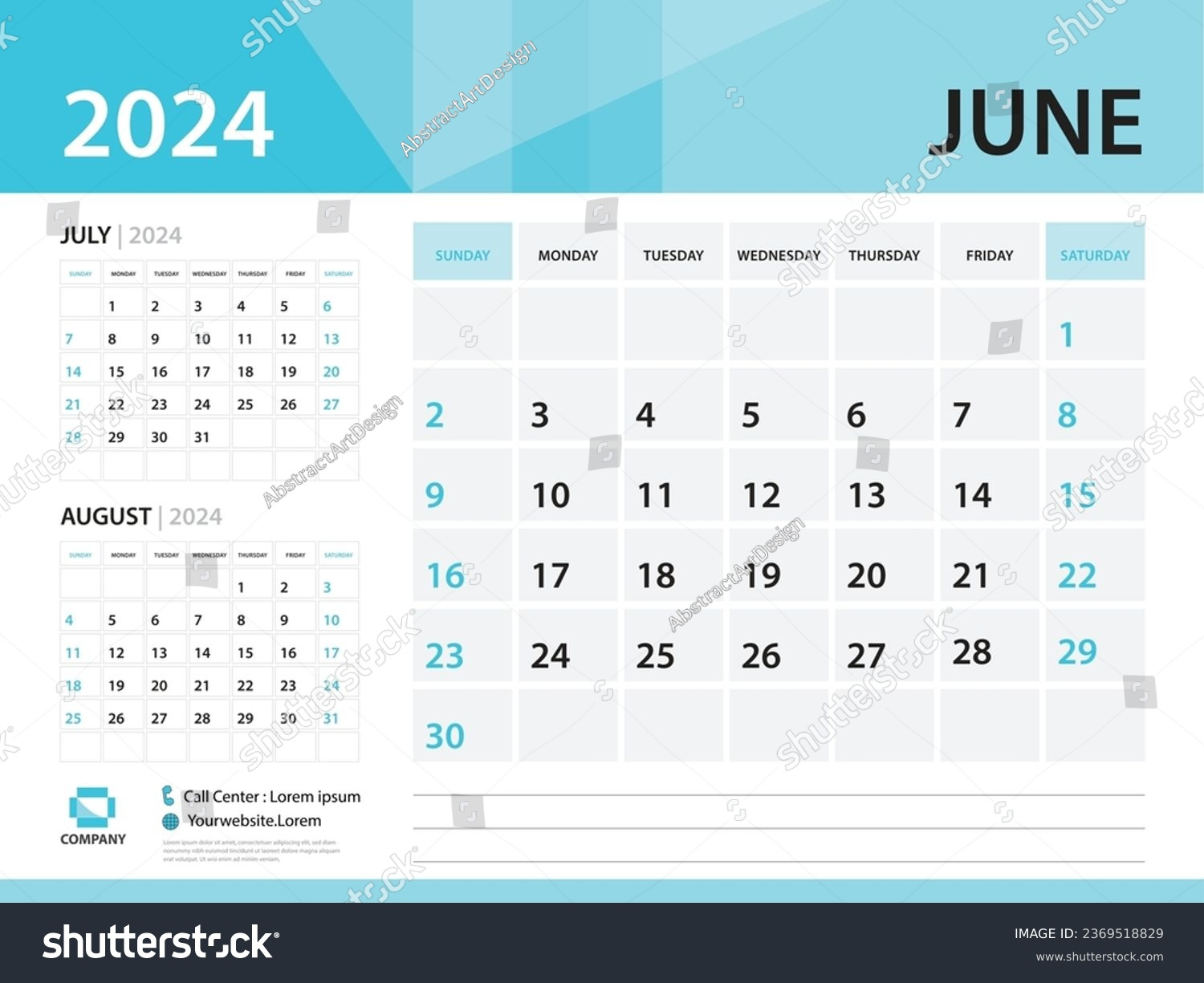 Kalendervorlage 2024, Juni 2024, Vorlage Desk: Stock-Vektorgrafik | Desk Calendar July 2024 - June 2024