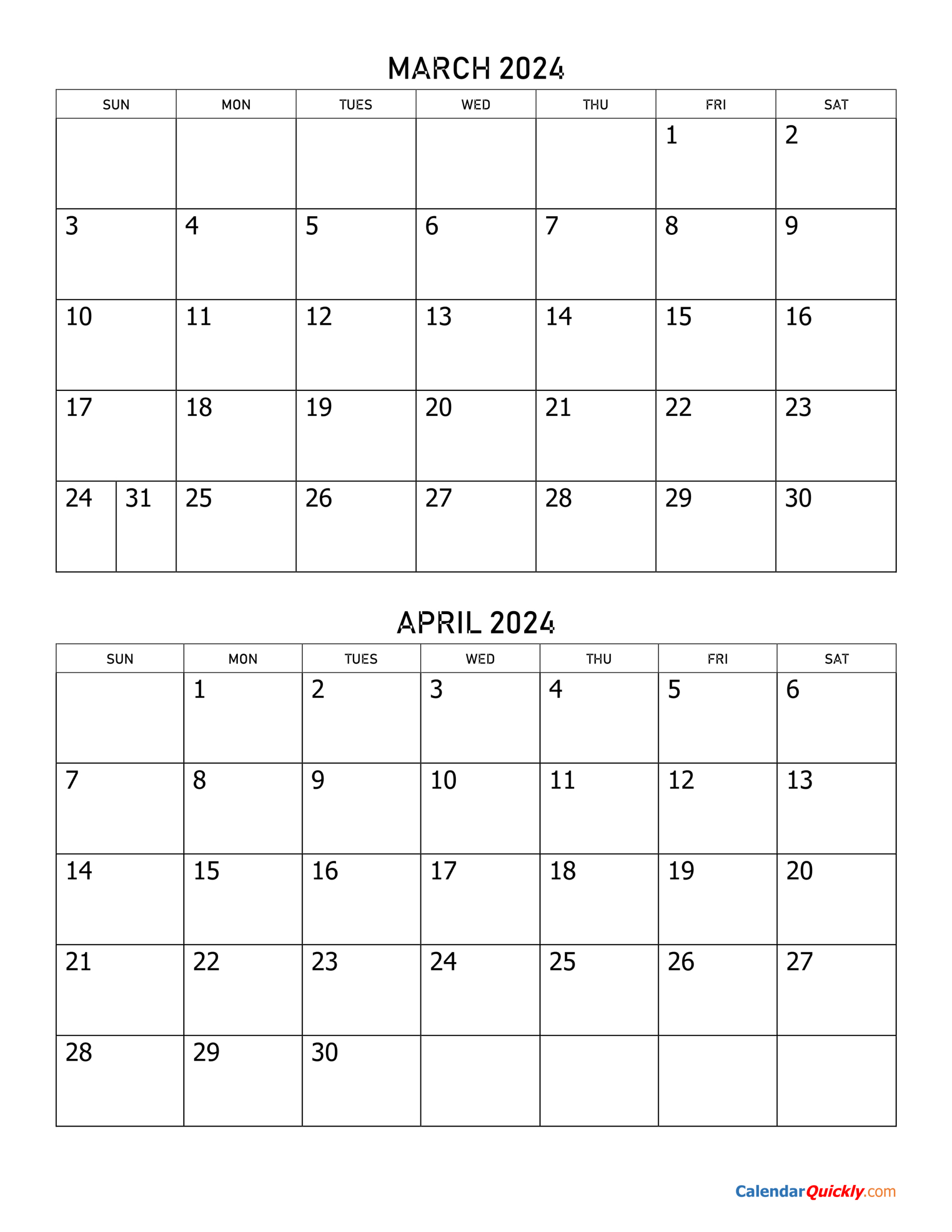 March And April 2024 Calendar | Calendar Quickly | March April May June Calendar 2024