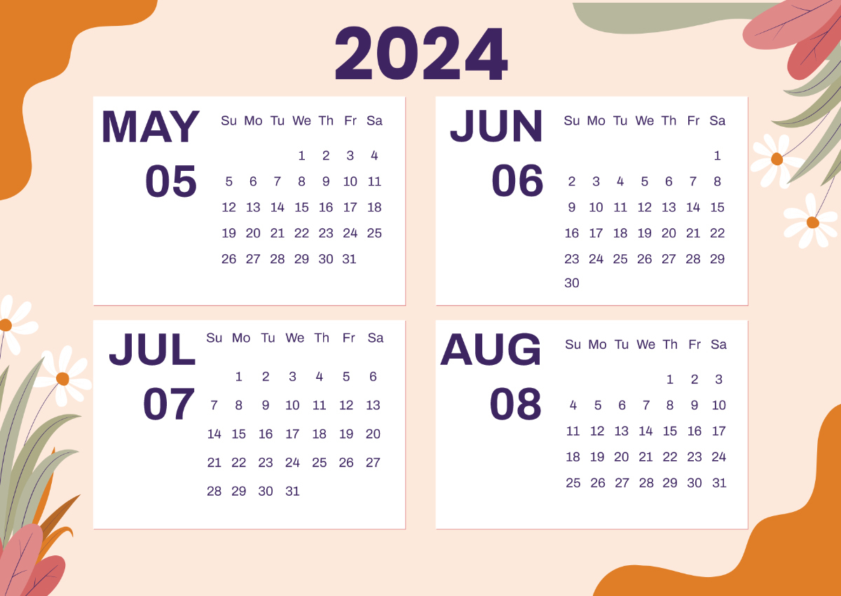 May To August 2024 Calendar Template - Edit Online &amp;amp; Download | Calendar 2024 May June July August