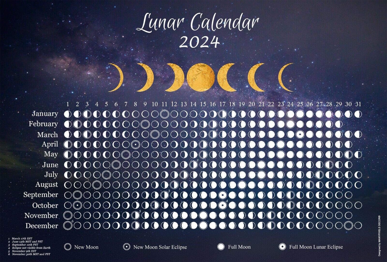 Moon Calendar 2024 - Blue Horizontal - Lunar Phases Tracker - 18 X | June 2024 Calendar With Moon Phases