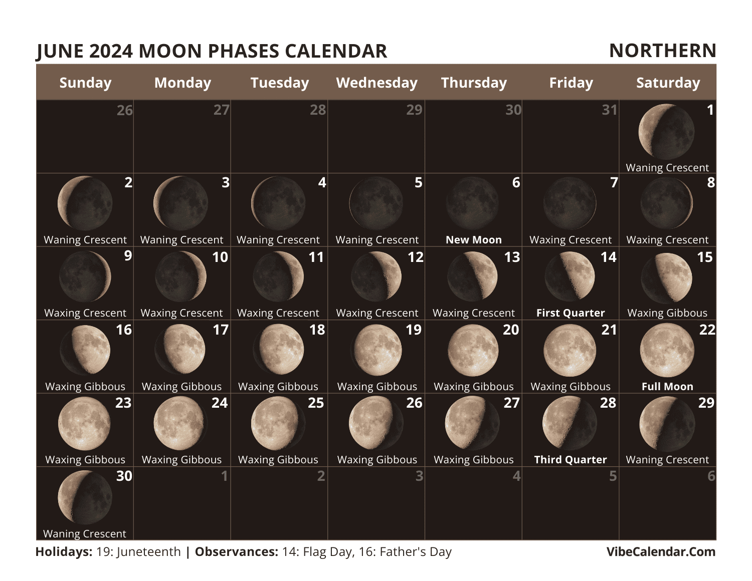 Moon Phases Calendar 2024: Printable Monthly Templates | Lunar Calendar For June 2024