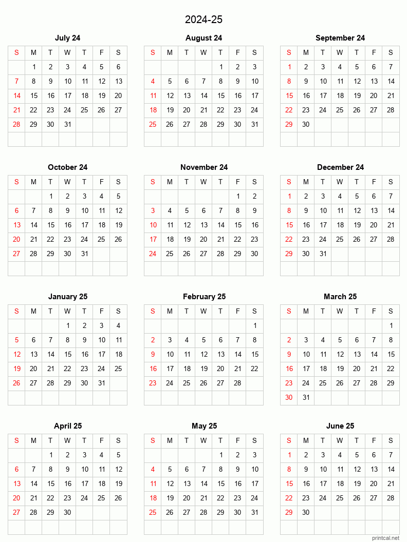 Printable 2024-25 Split Year Academic Calendar | Free Calendar | Calendar July 24 To June 25