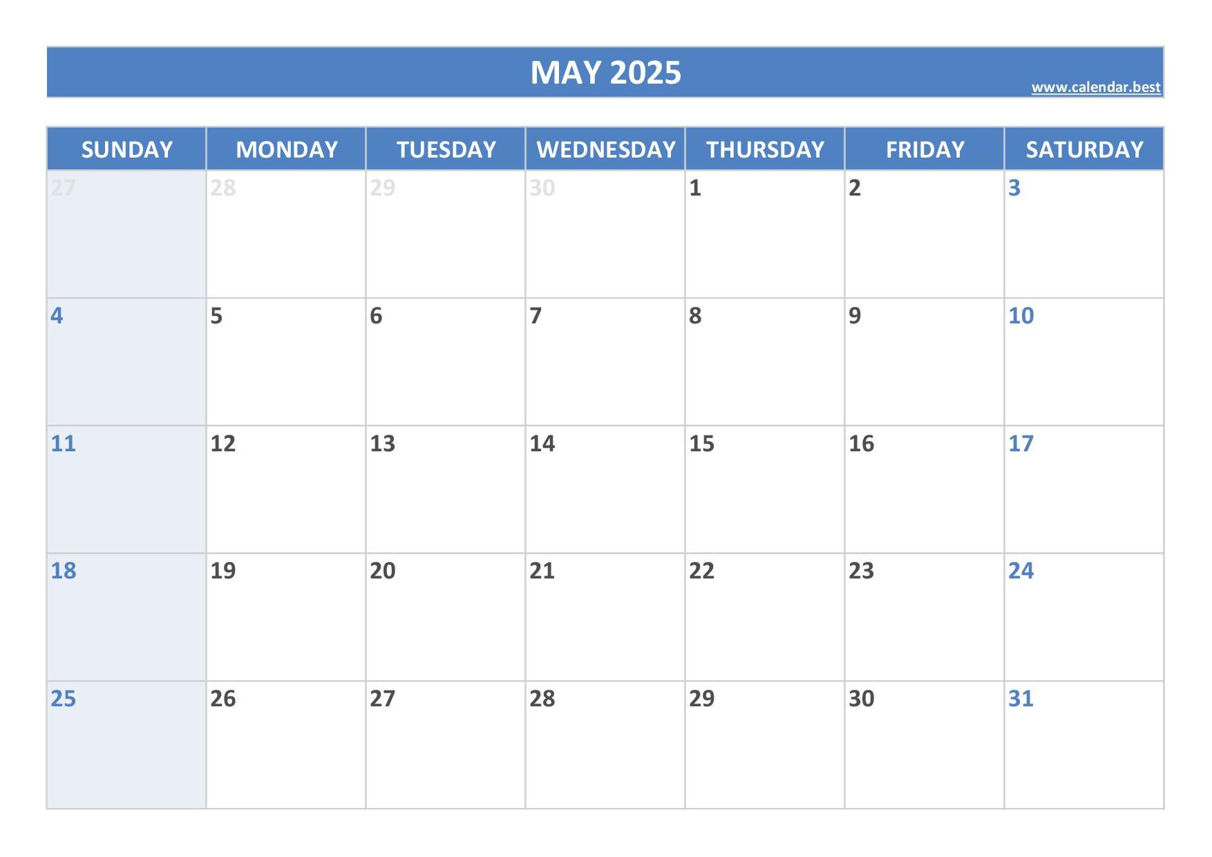 Printable 2025 Monthly Calendar -Calendar.best | Calendar June 2024 to May 2025