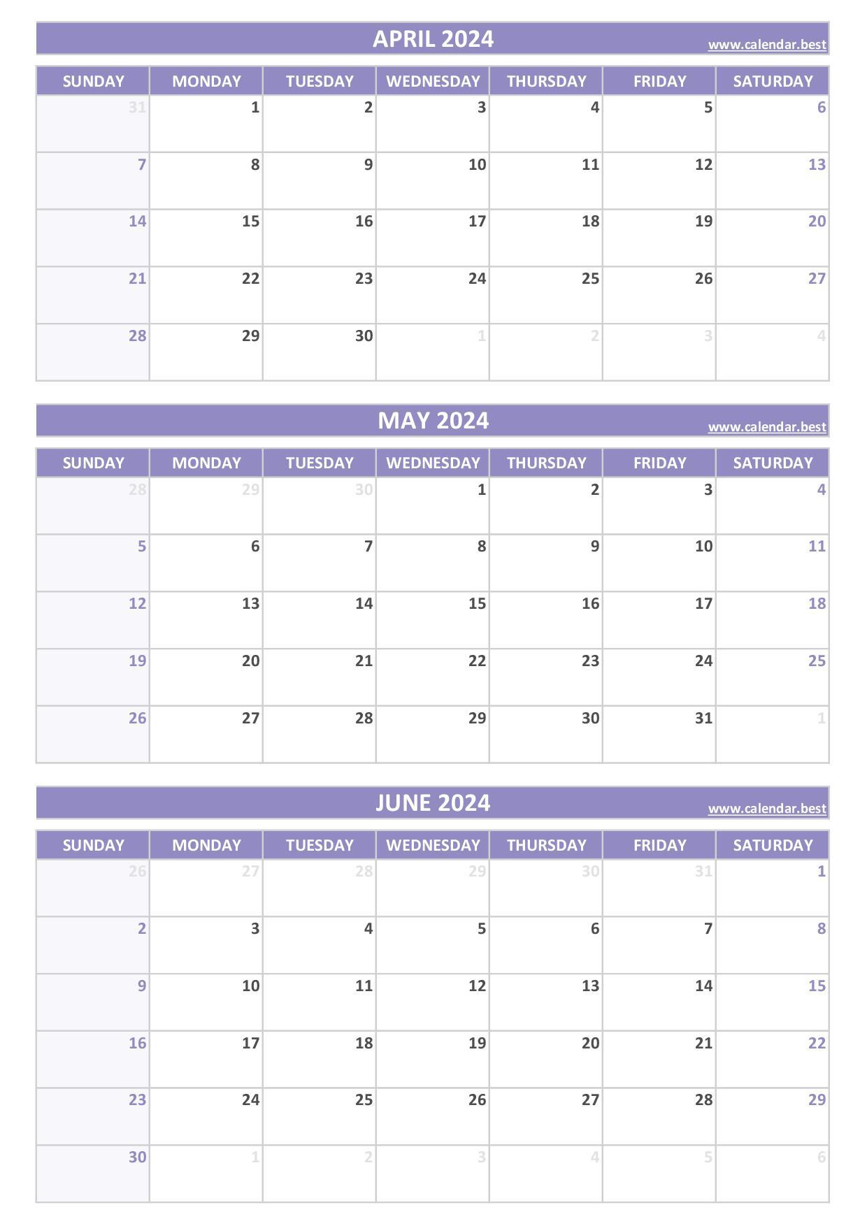 Printable 2Nd Quarter 2024 Calendar | 3 Month Calendar 2024 April May June