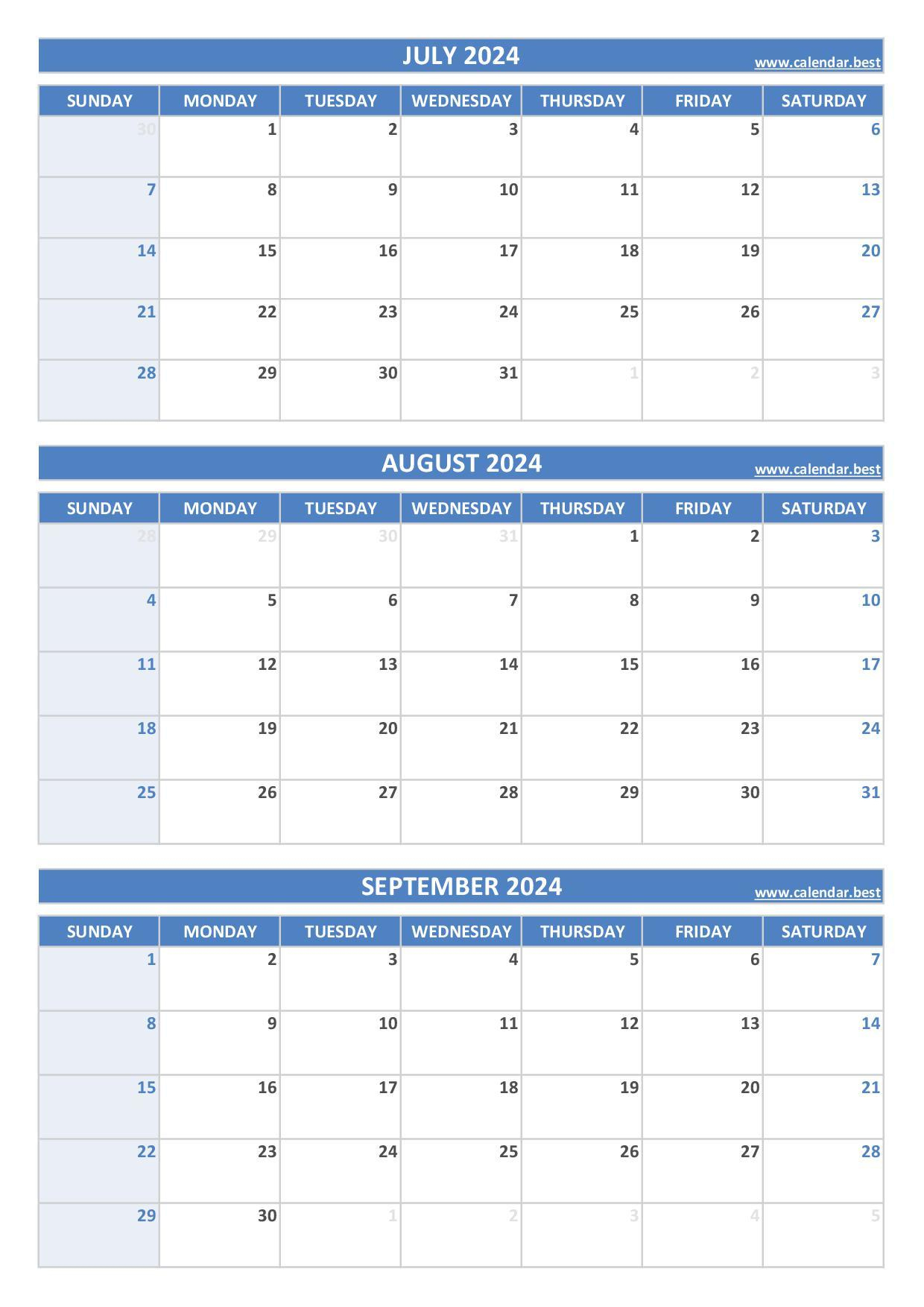 Printable 3Rd Quarter 2024 Calendar | 3 Month Calendar 2024 Printable June July August