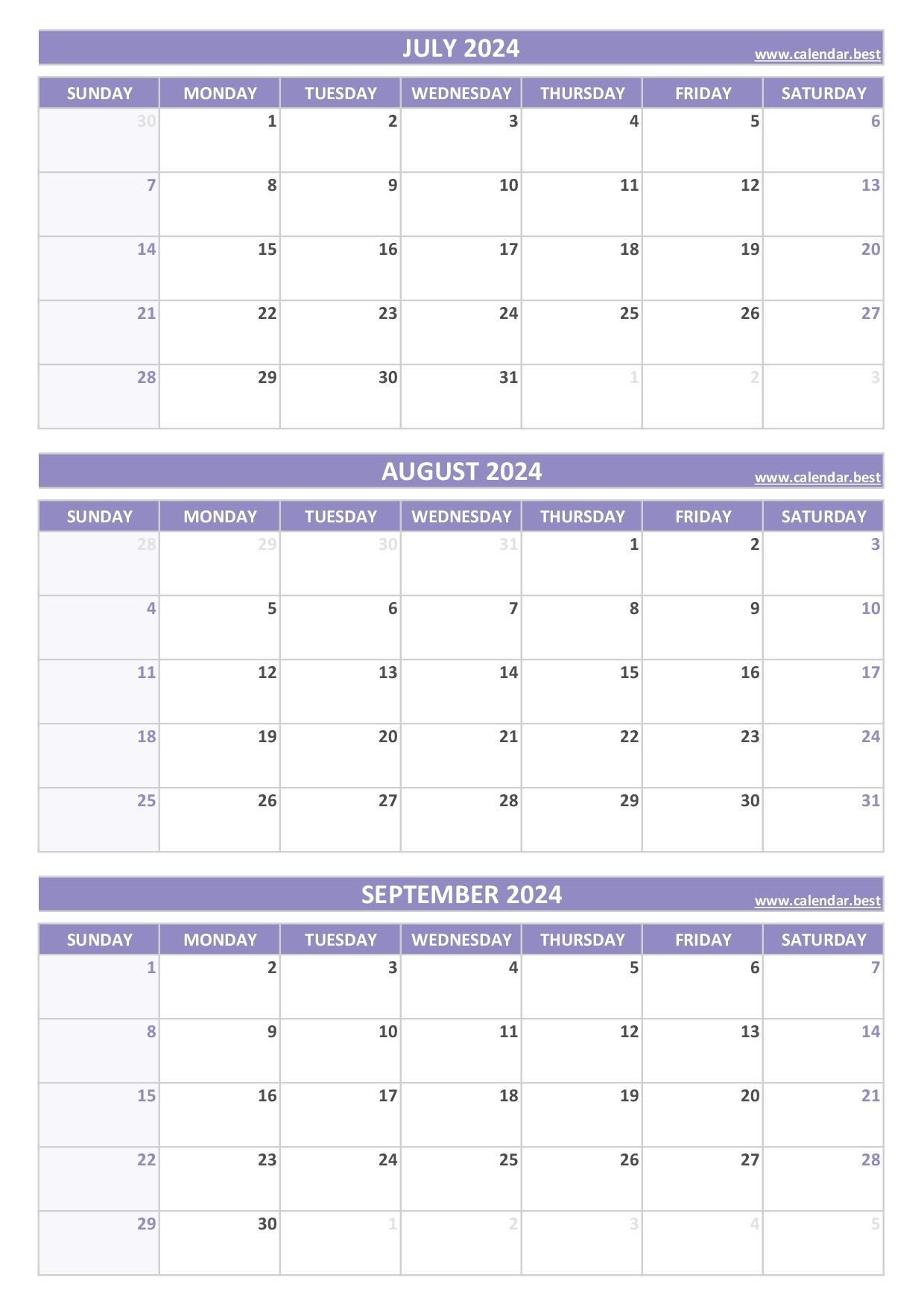 Printable 3Rd Quarter 2024 Calendar | 3 Month Calendar Printable June July August 2024