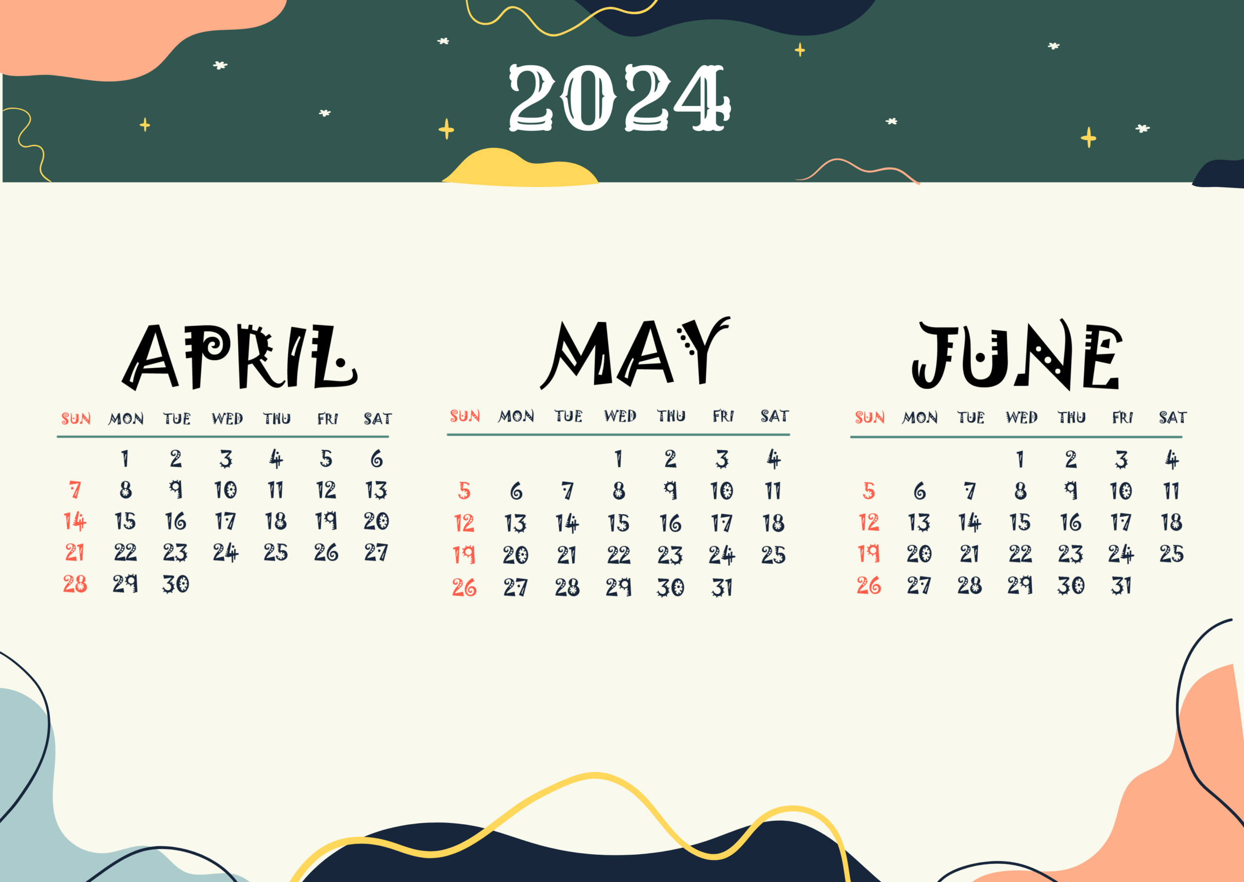 Printable April May June 2024 Calendar Template - Edit Online | 2024 April May June Calendar