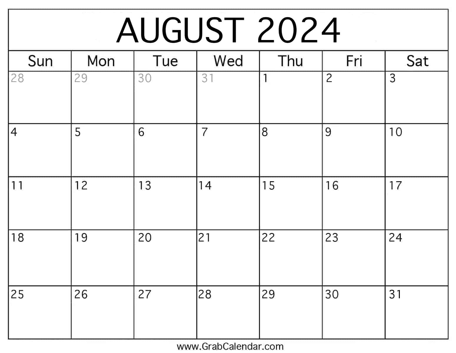 Printable August 2024 Calendar | Blank Calendar August 2024 To June 2024