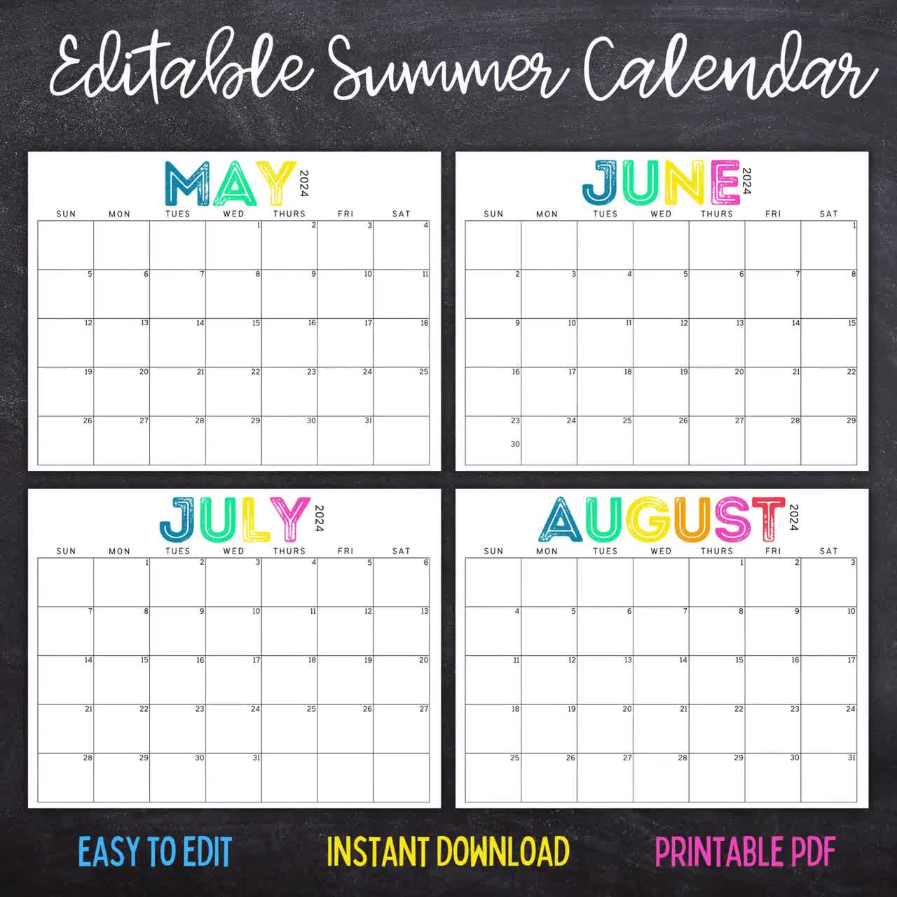 Printable Editable Summer Calendar June, July, August Calendar | Calendar May June July August