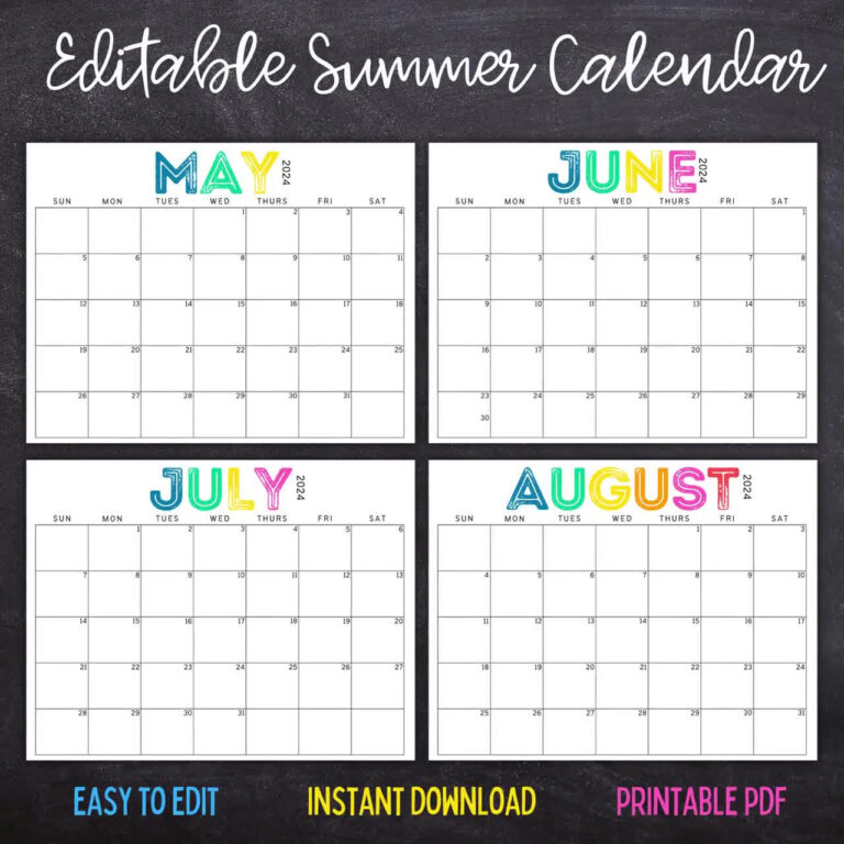 Printable Editable Summer Calendar June, July, August Calendar | June 2023  | July 2023 | August 2023 | Summer Planner | Editable Calendar June and July 2024