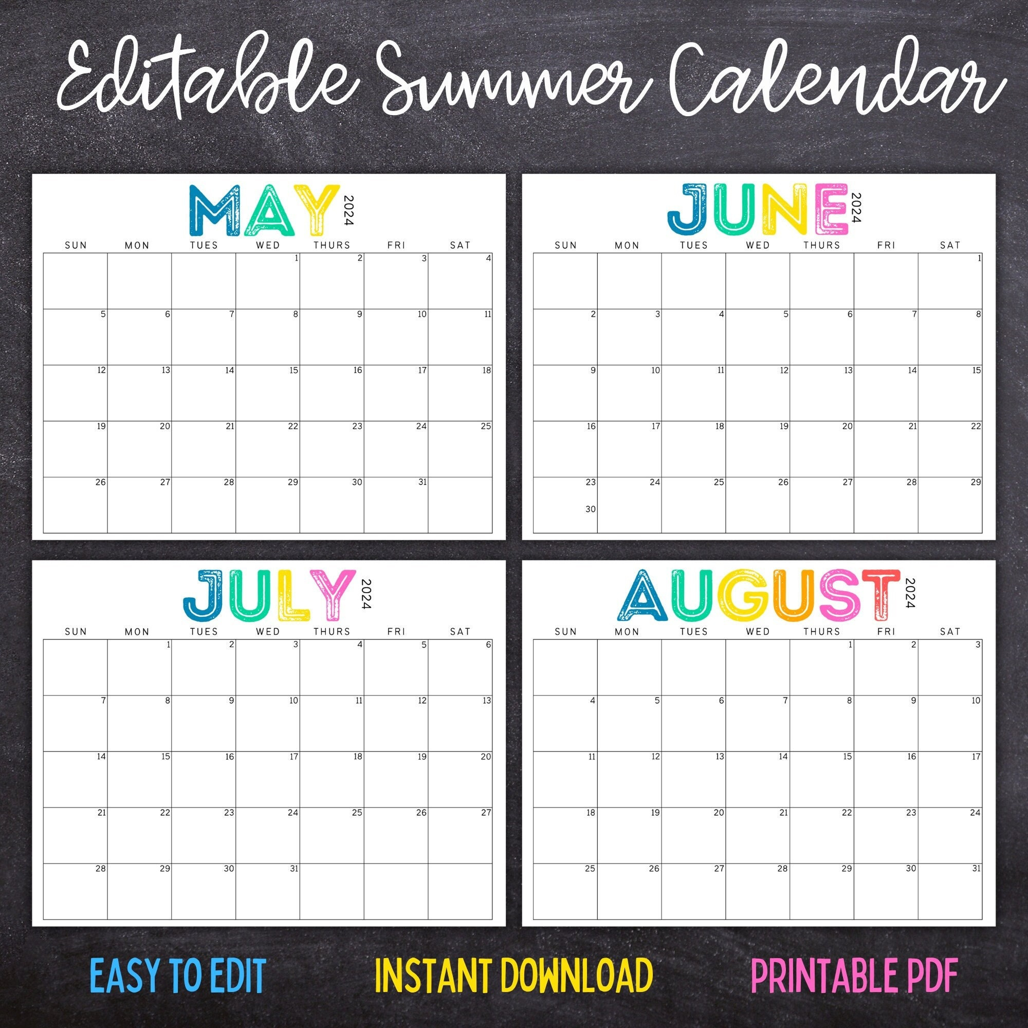 Printable Editable Summer Calendar June, July, August Calendar | June 2024 | July 2024 | August 2024 | Summer Planner | Editable May And June 2024 Calendar