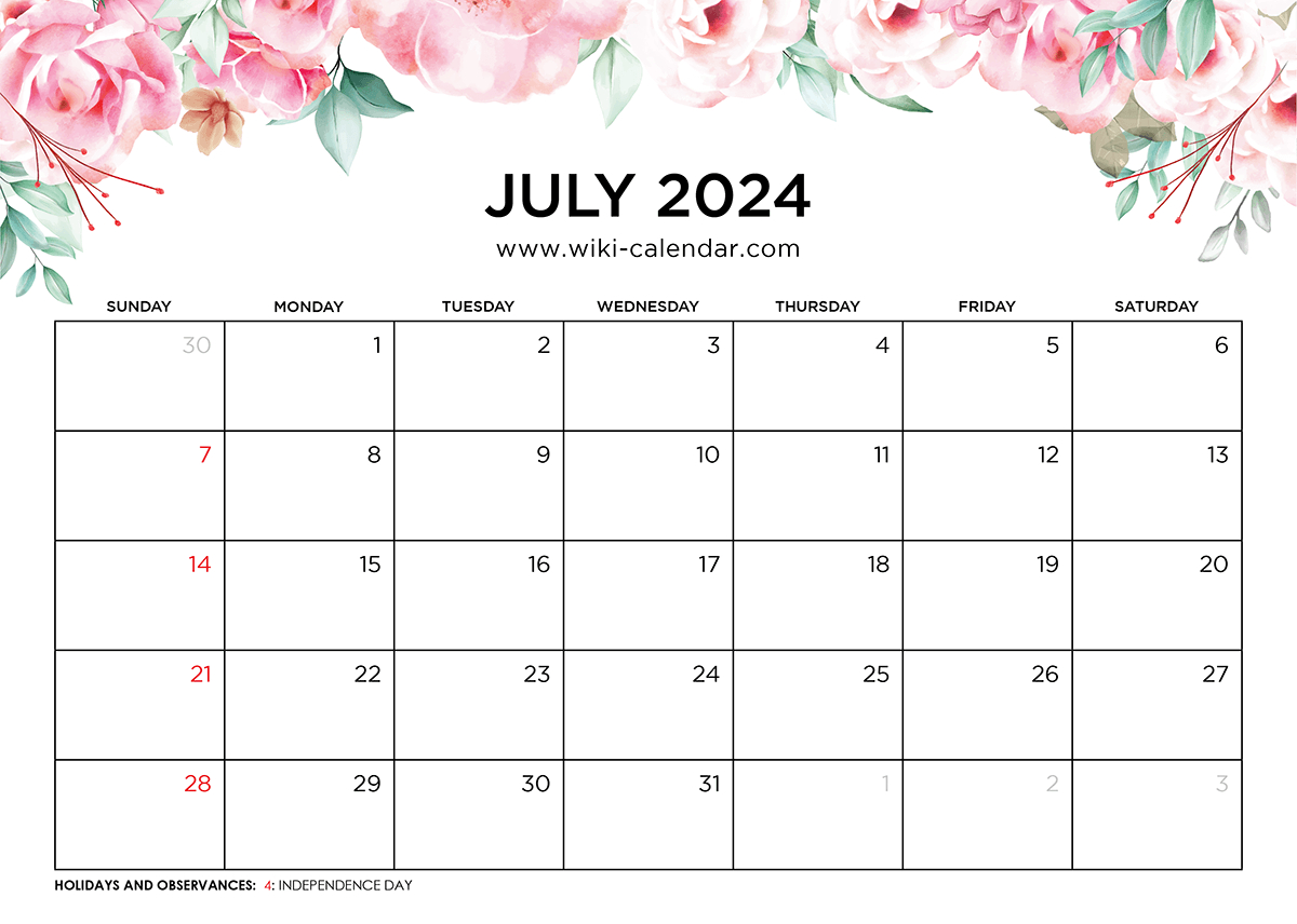 Printable July 2024 Calendar Templates With Holidays | Free Printable Calendar July 2024 to June 2024