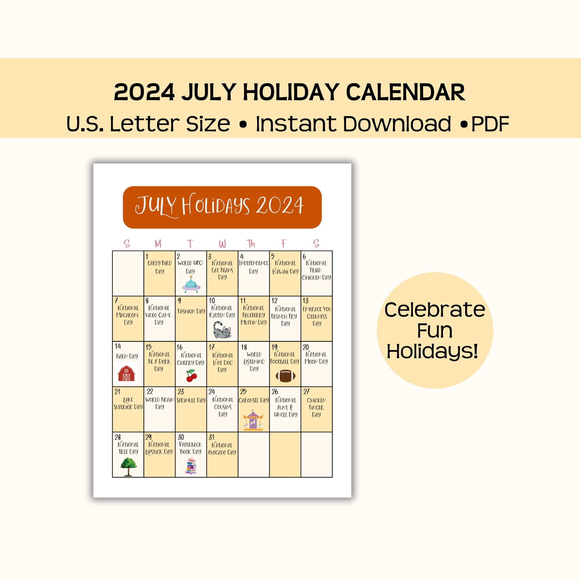 Printable July 2024 Holiday Calendar, Fun, Wacky, And National | National Day Calendar 2024 June