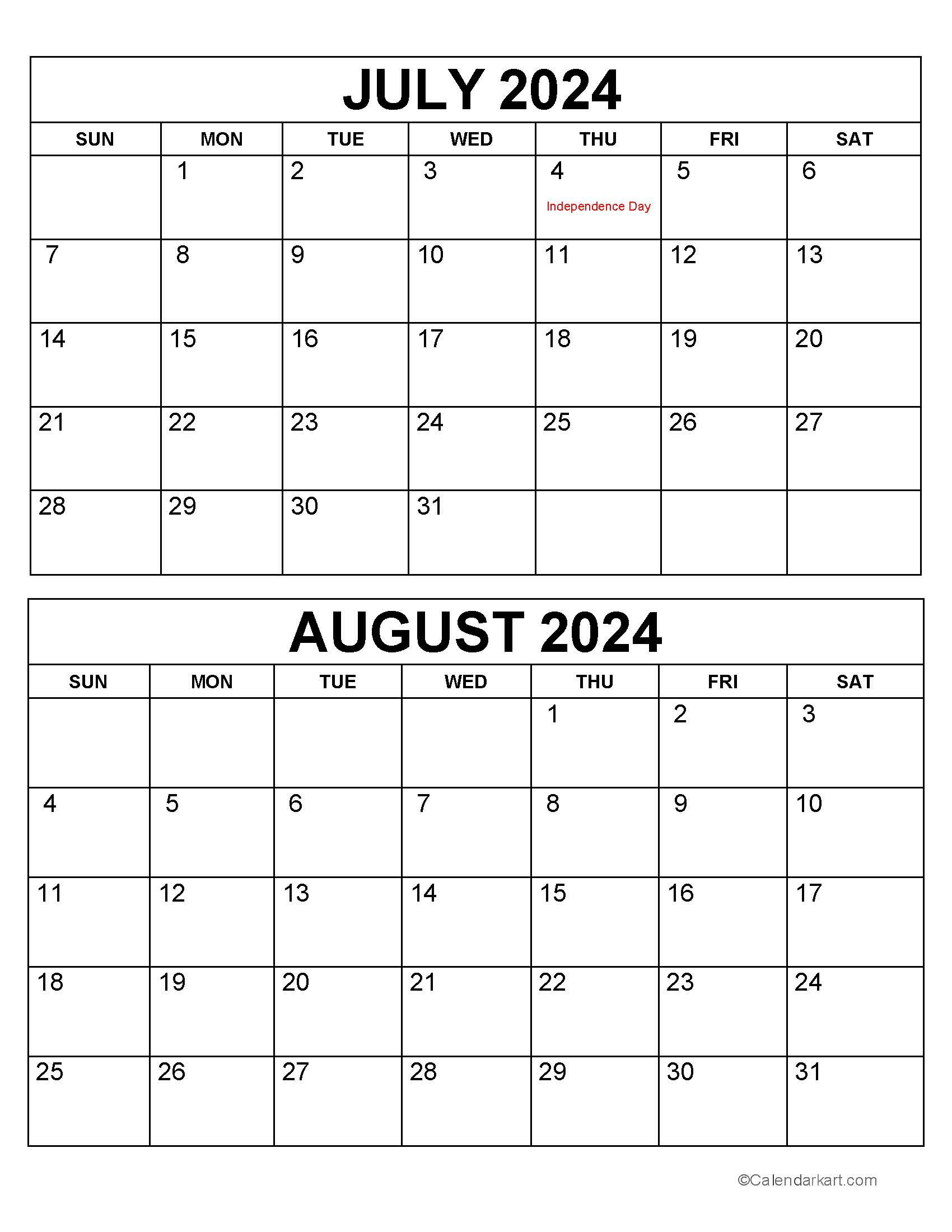 Printable July August 2024 Calendar | Calendarkart | 2024 Calendar June and July