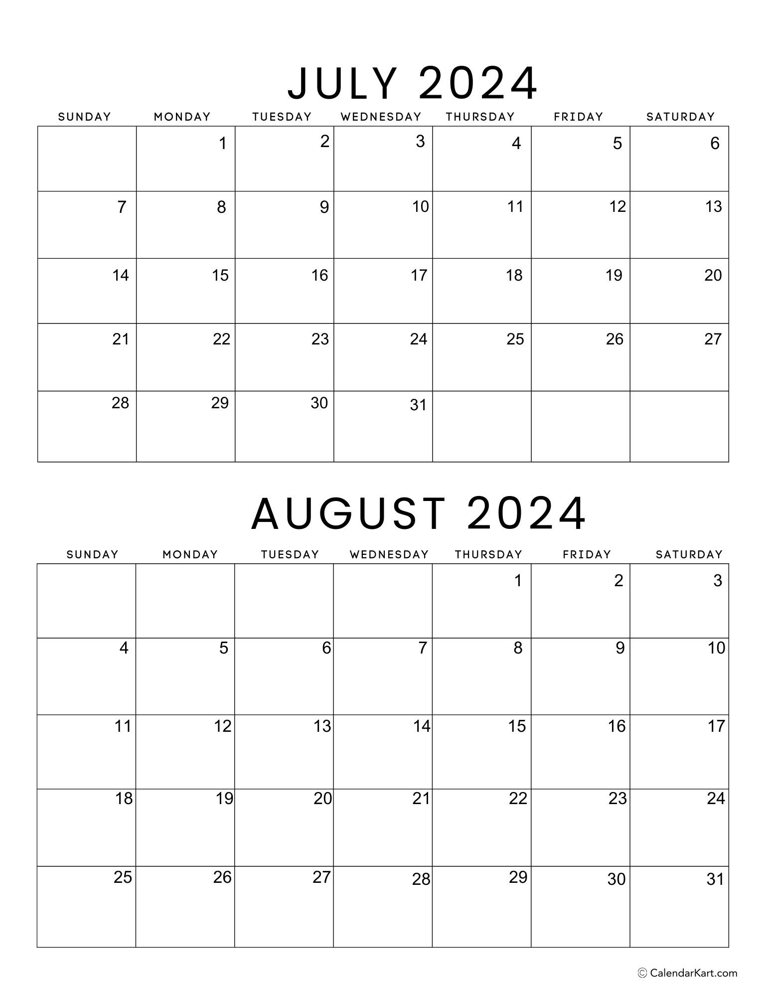 Printable July August 2024 Calendar | Calendarkart | Blank Calendar For June July August 2024