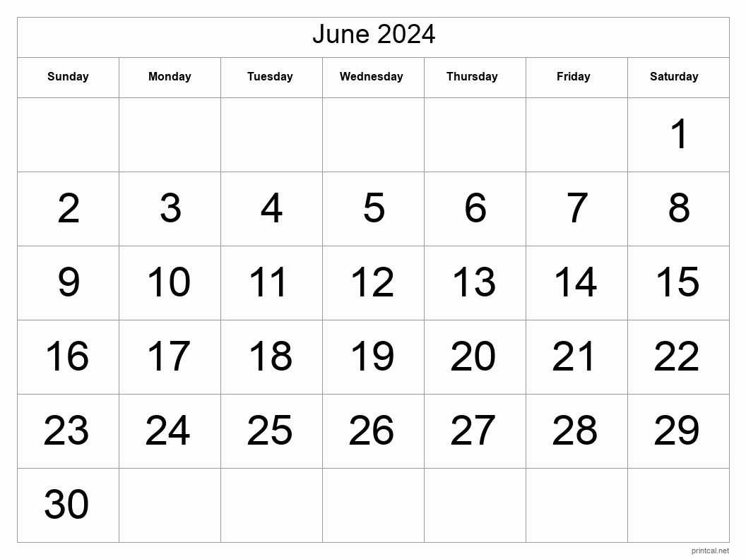 Printable June 2024 Calendar - Big Dates | 2024 June and July Calendar