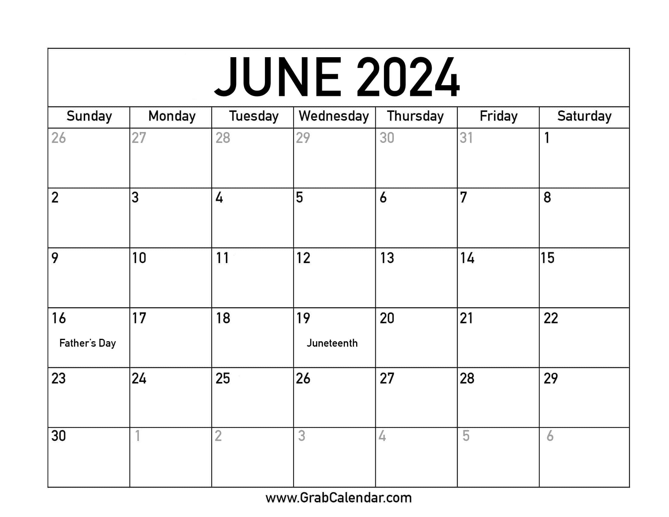 Printable June 2024 Calendar | Blank Calendar Template 2024 June