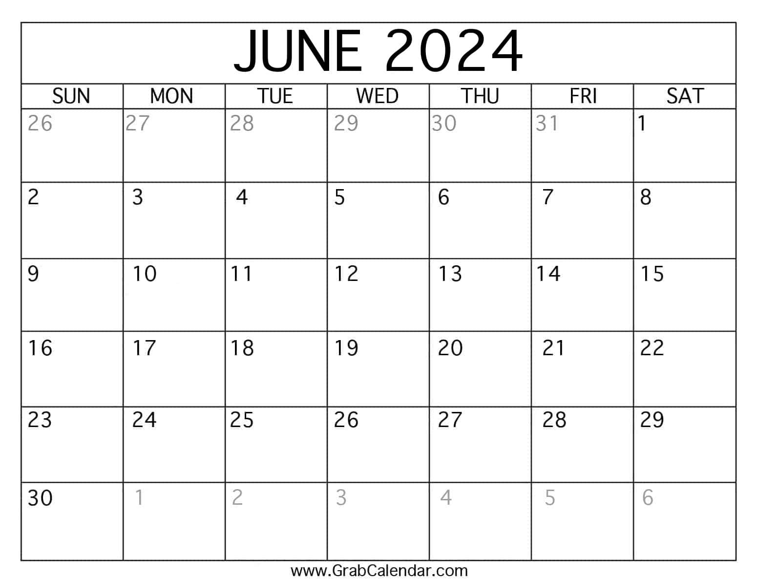 Printable June 2024 Calendar | Blank Calendar Template 2024 June