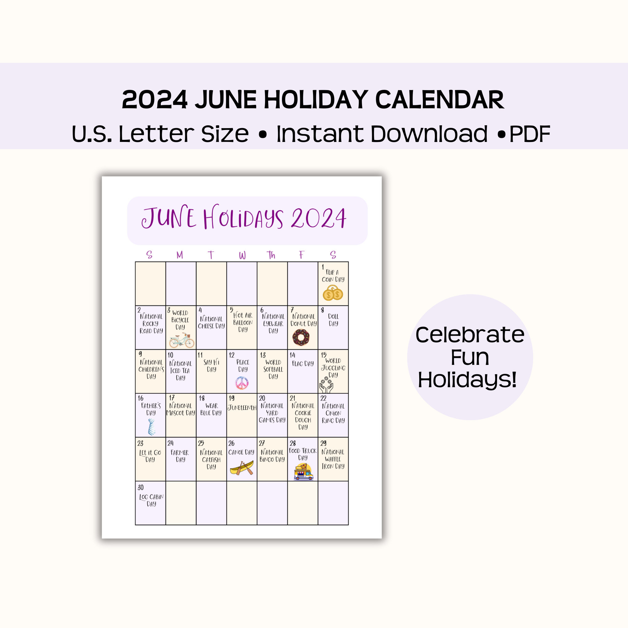 Printable June 2024 Holiday Calendar, Fun, Wacky, And National | National Calendar Day June 2024