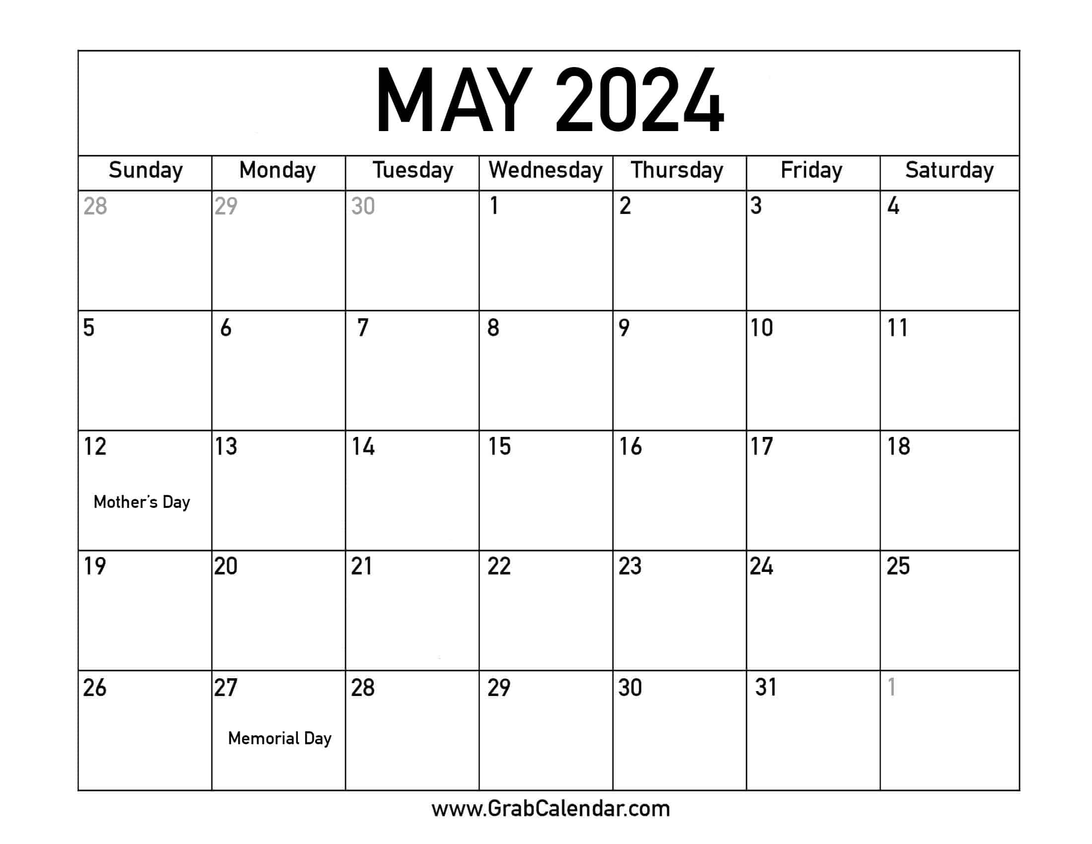 Printable May 2024 Calendar | May June 2024 Calendar With Holidays