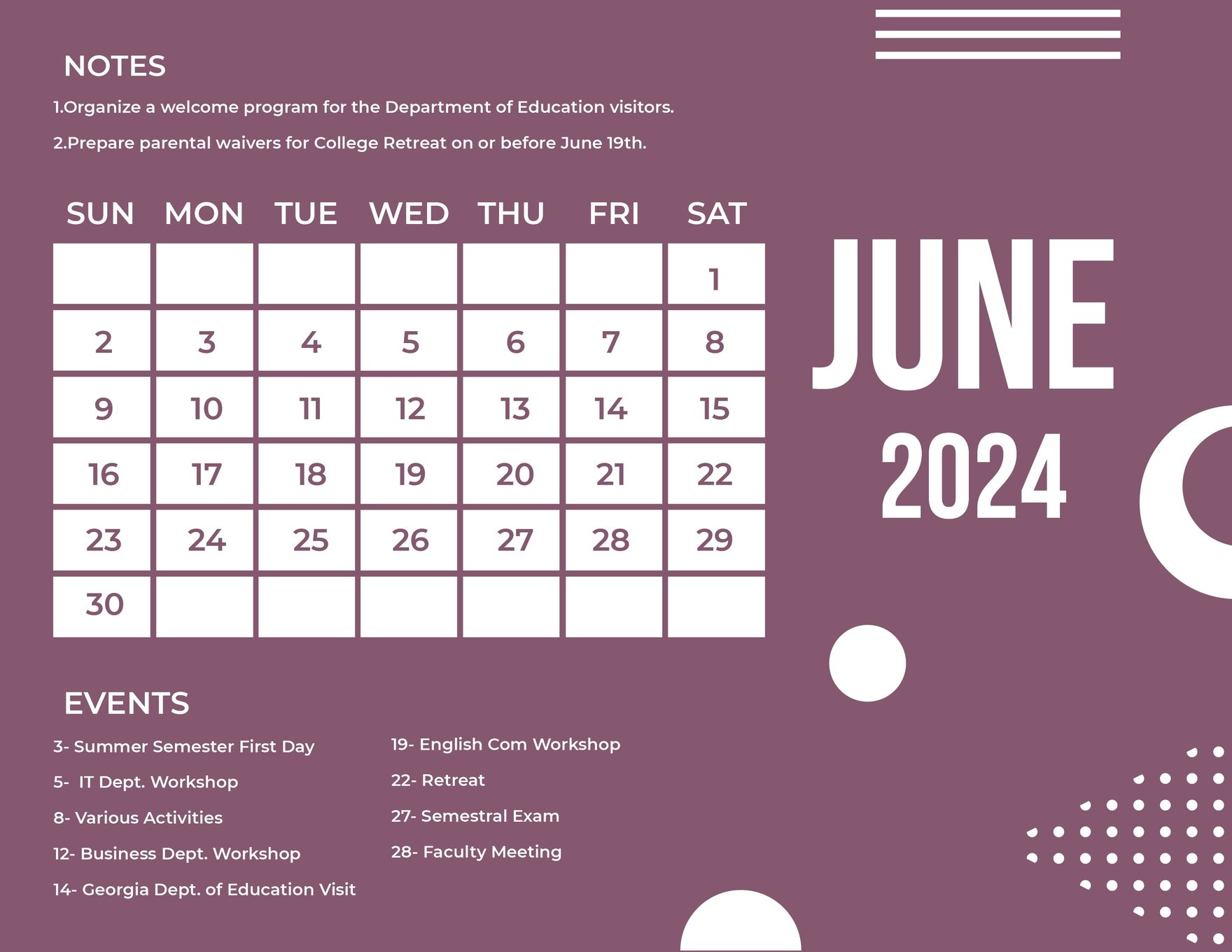 Simple June 2024 Calendar In Eps, Word, Svg, Illustrator, Jpg | Calendar Template June 2024 Word