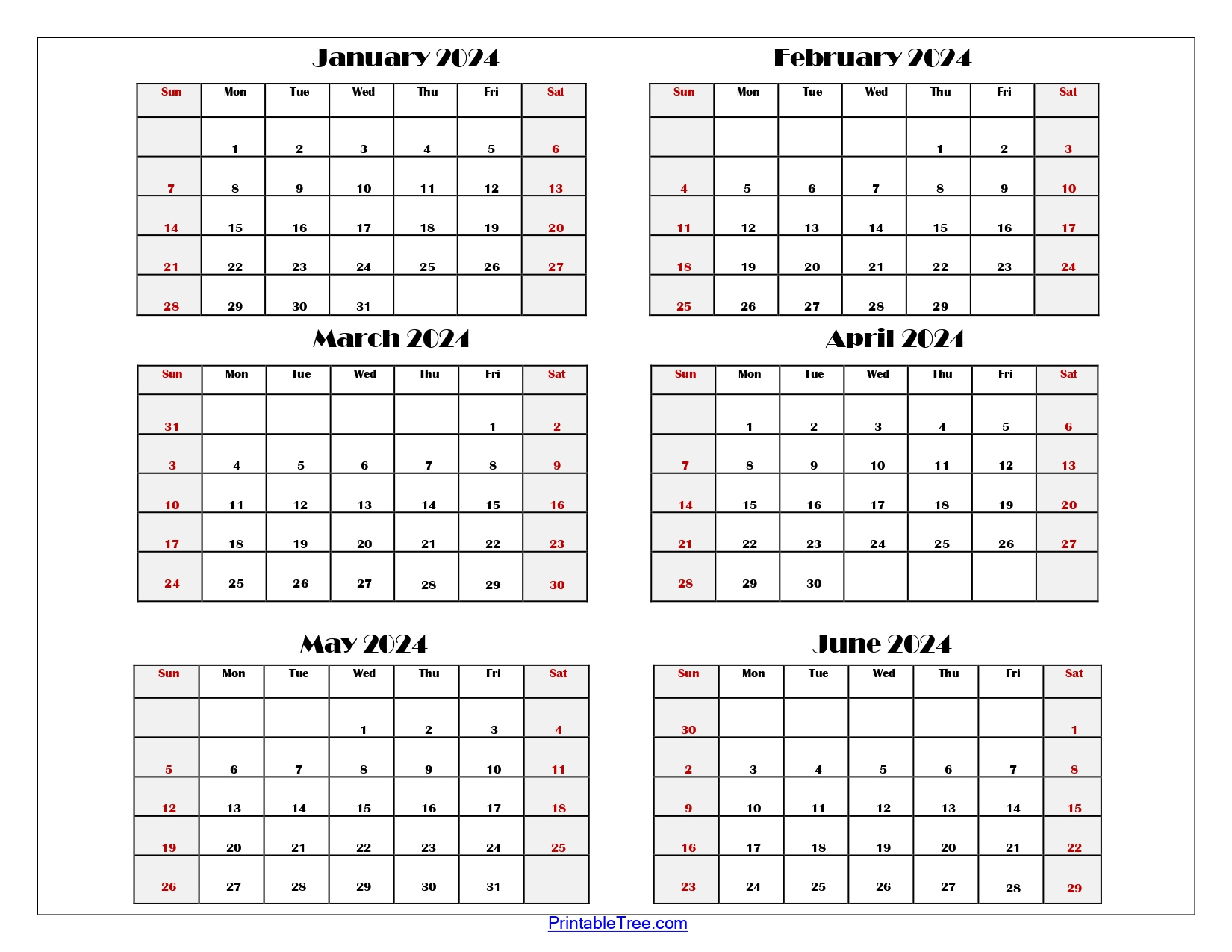 Six Month Calendar 2024 Printable Pdf- 6 Months Calendar Per Page | 2024 Calendar Jan to June