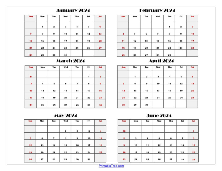 Six Month Calendar 2024 Printable Pdf- 6 Months Calendar Per Page | January June 2024 Calendar Printable