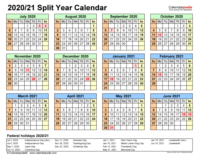 Split Year Calendars 2020/2021 (July To June) - Pdf Templates | July To June Fiscal Year Calendar