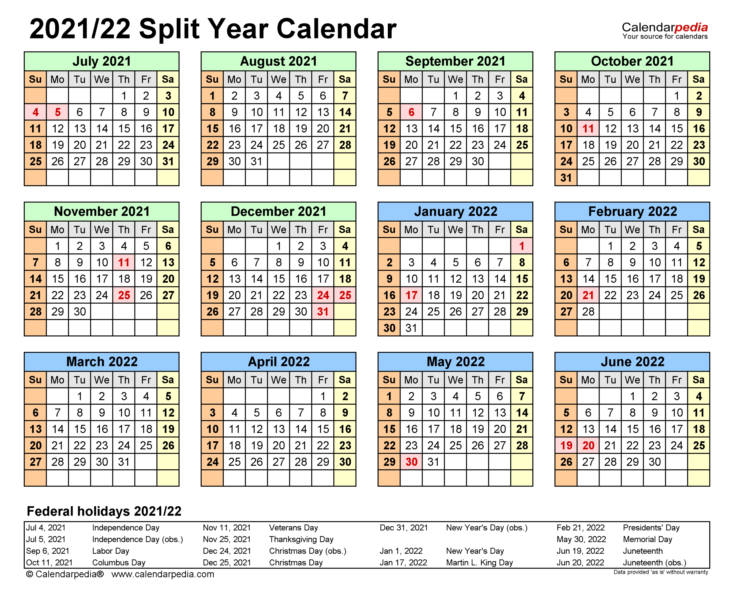 Split Year Calendars 2021/2022 (July To June) - Pdf Templates | A Calendar Year Is July 1 to June 30