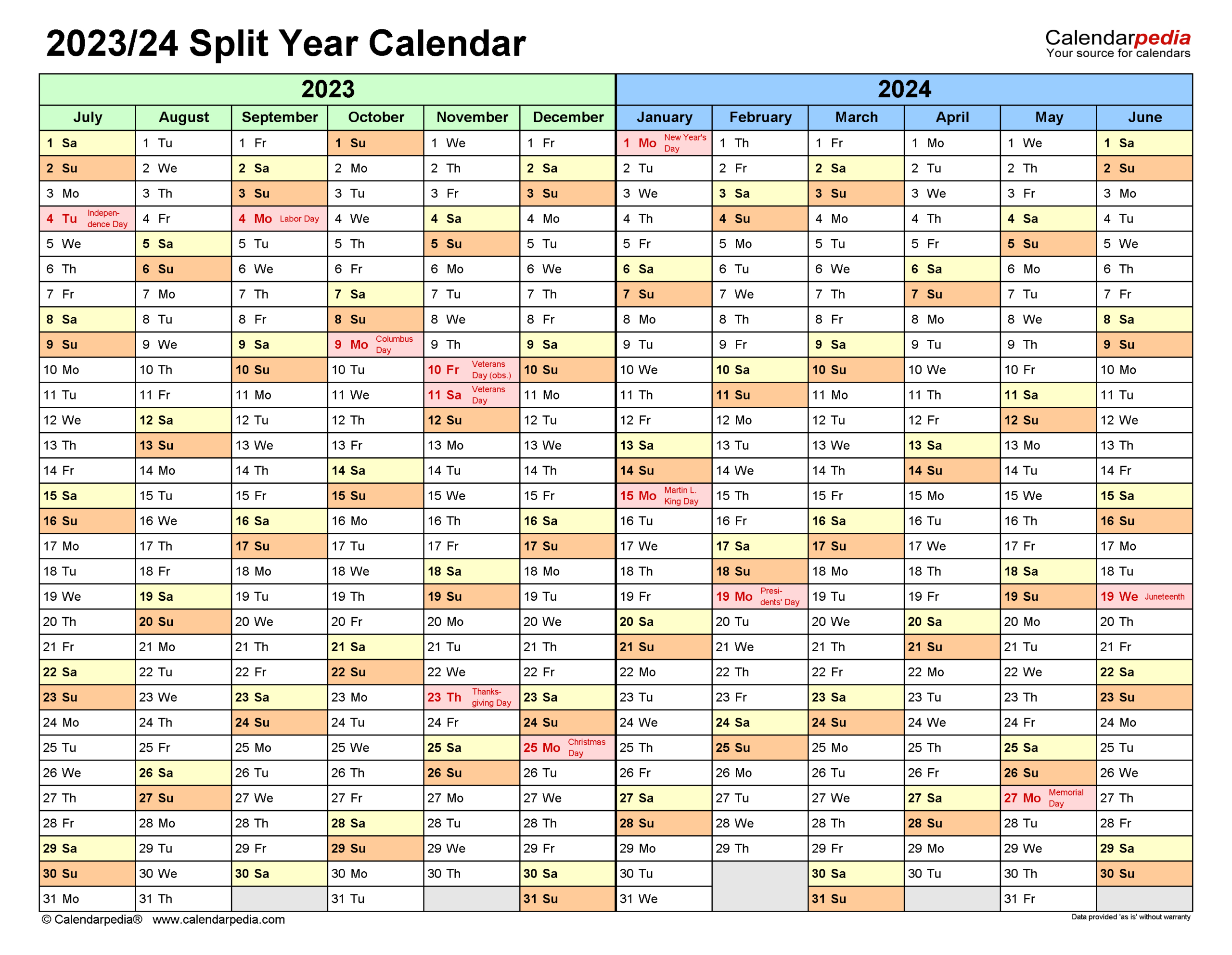 Split Year Calendars 2023/2024 (July To June) - Excel Templates | July 2024 to June 2025 Calendar Excel