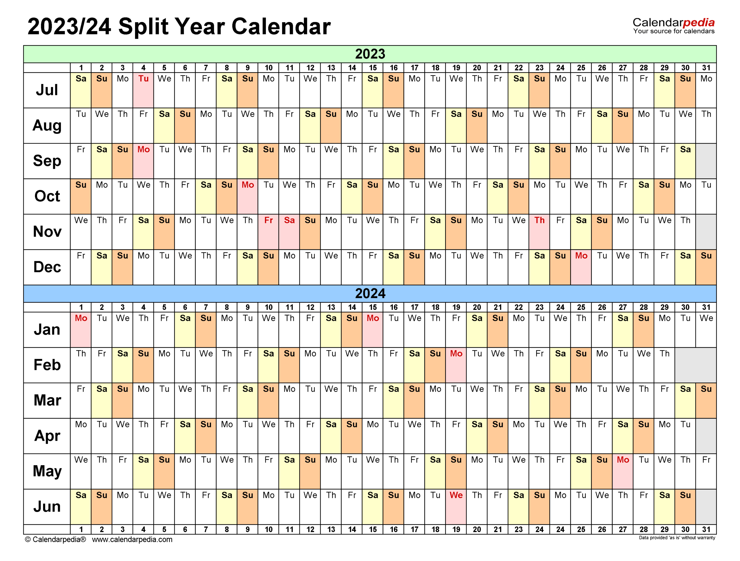 Split Year Calendars 2023/2024 (July To June) - Pdf Templates | Fiscal Year Calendar July June