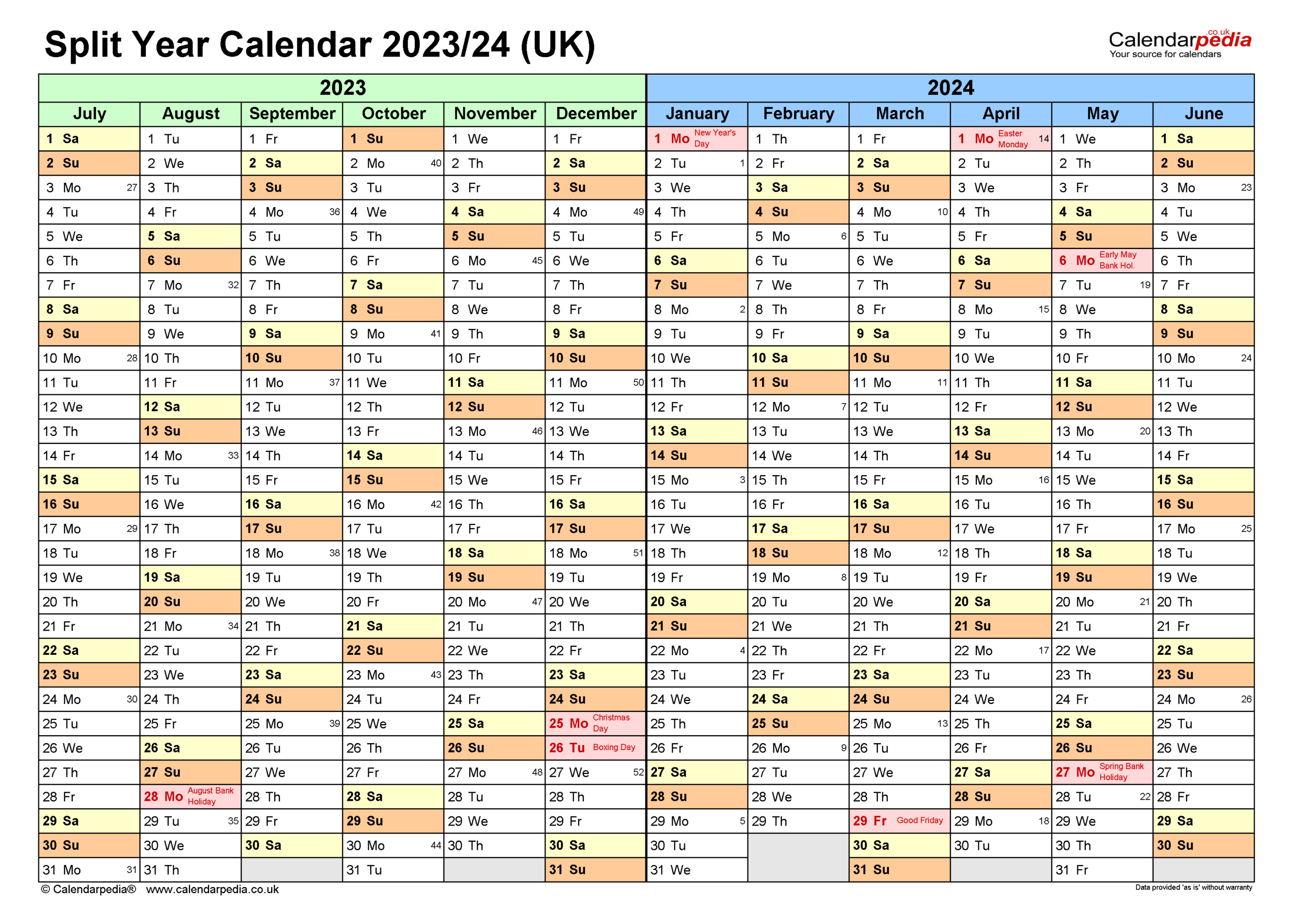 Split Year Calendars 2023/24 Uk (July To June) For Pdf | July 23 To June 24 Calendar