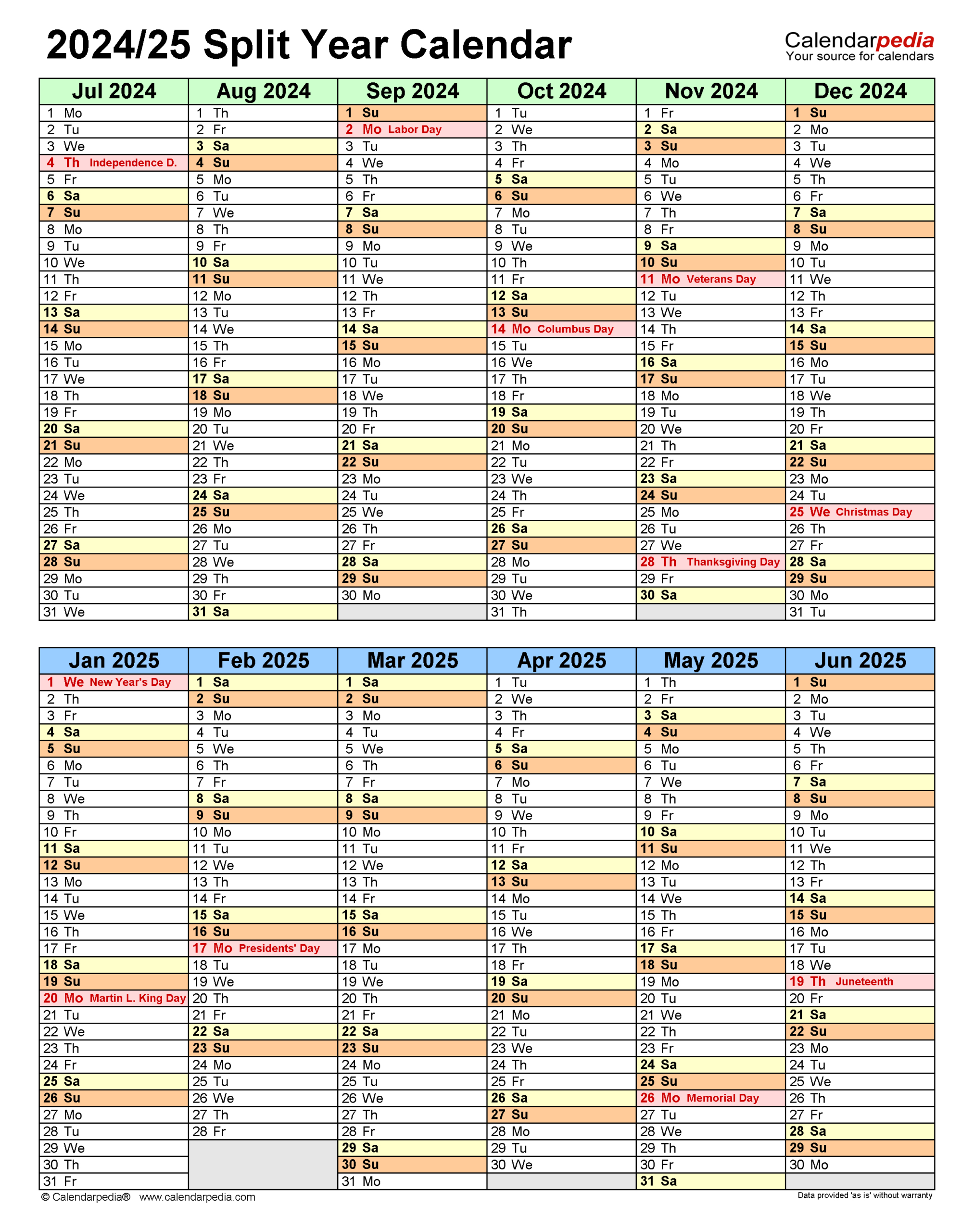 Split Year Calendars 2024/2025 (July To June) - Excel Templates | July 2024 to June 2025 Calendar Excel