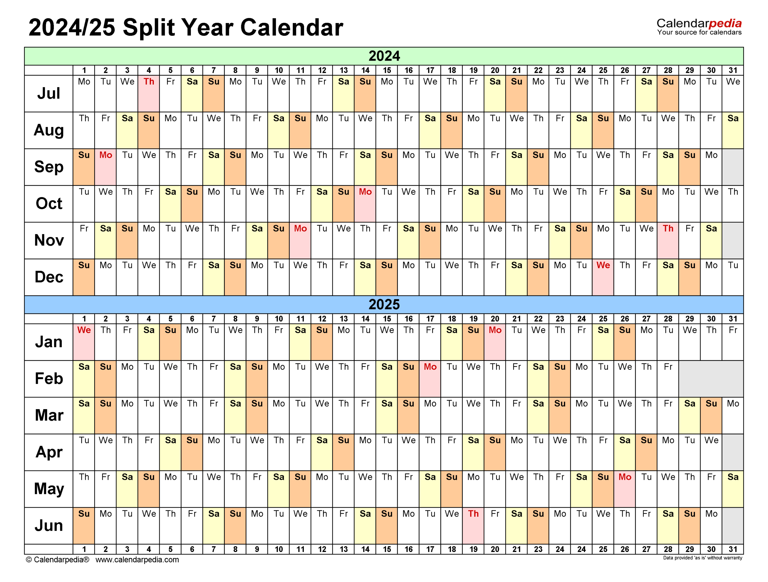 Split Year Calendars 2024/2025 (July To June) - Excel Templates | July 2024 To June 2025 Calendar Excel