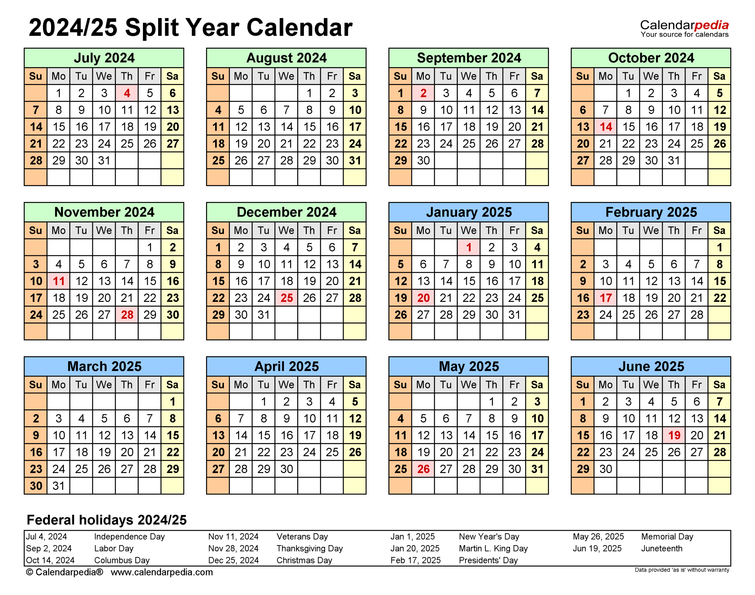 Split Year Calendars 2024/2025 (July To June) - Pdf Templates | 4 Month Calendar June to September 2025