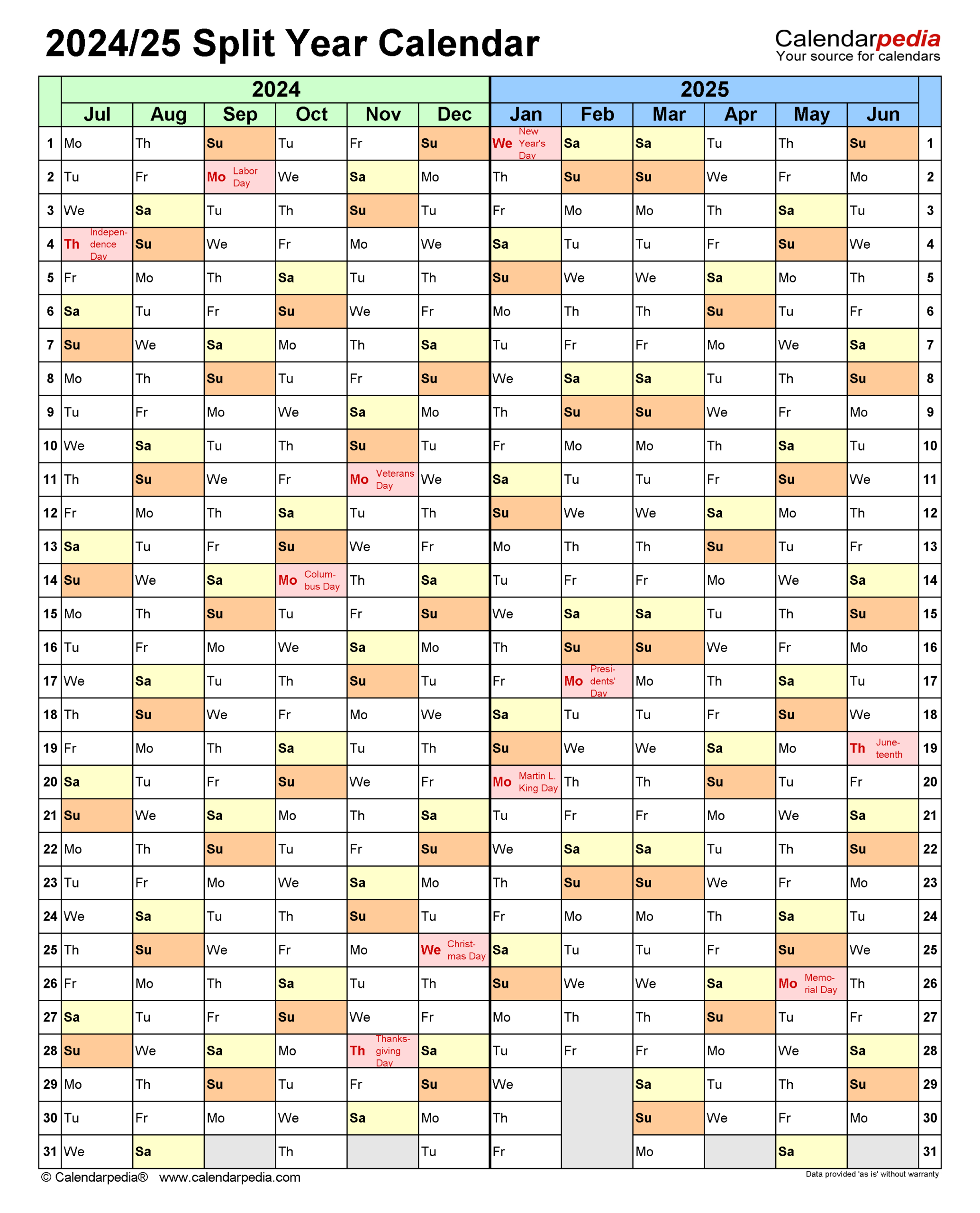 Split Year Calendars 2024/2025 (July To June) - Pdf Templates | Academic Calendar July 2024 to June 2025