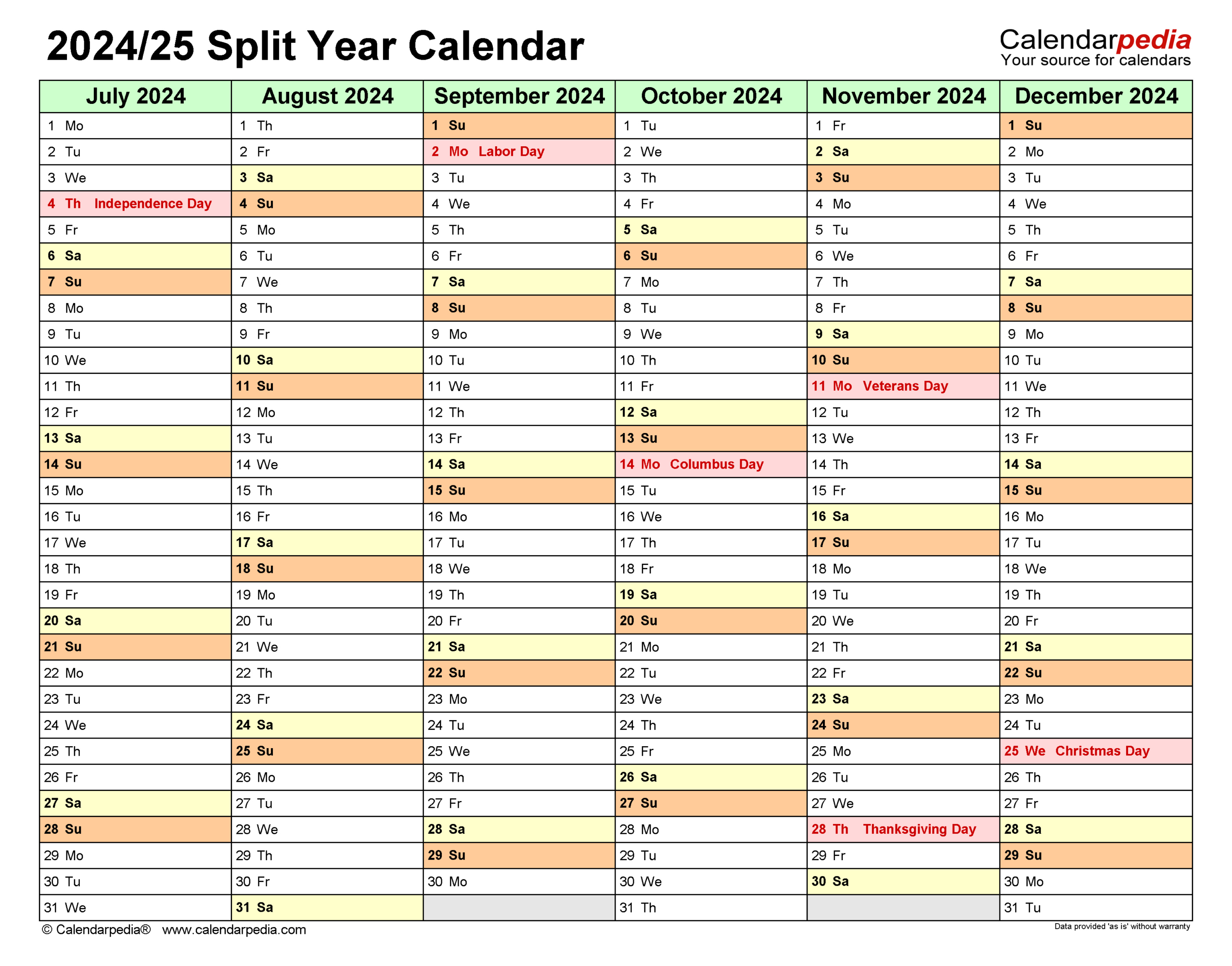 Split Year Calendars 2024/2025 (July To June) - Pdf Templates | August 2024 - June 2025 Calendar