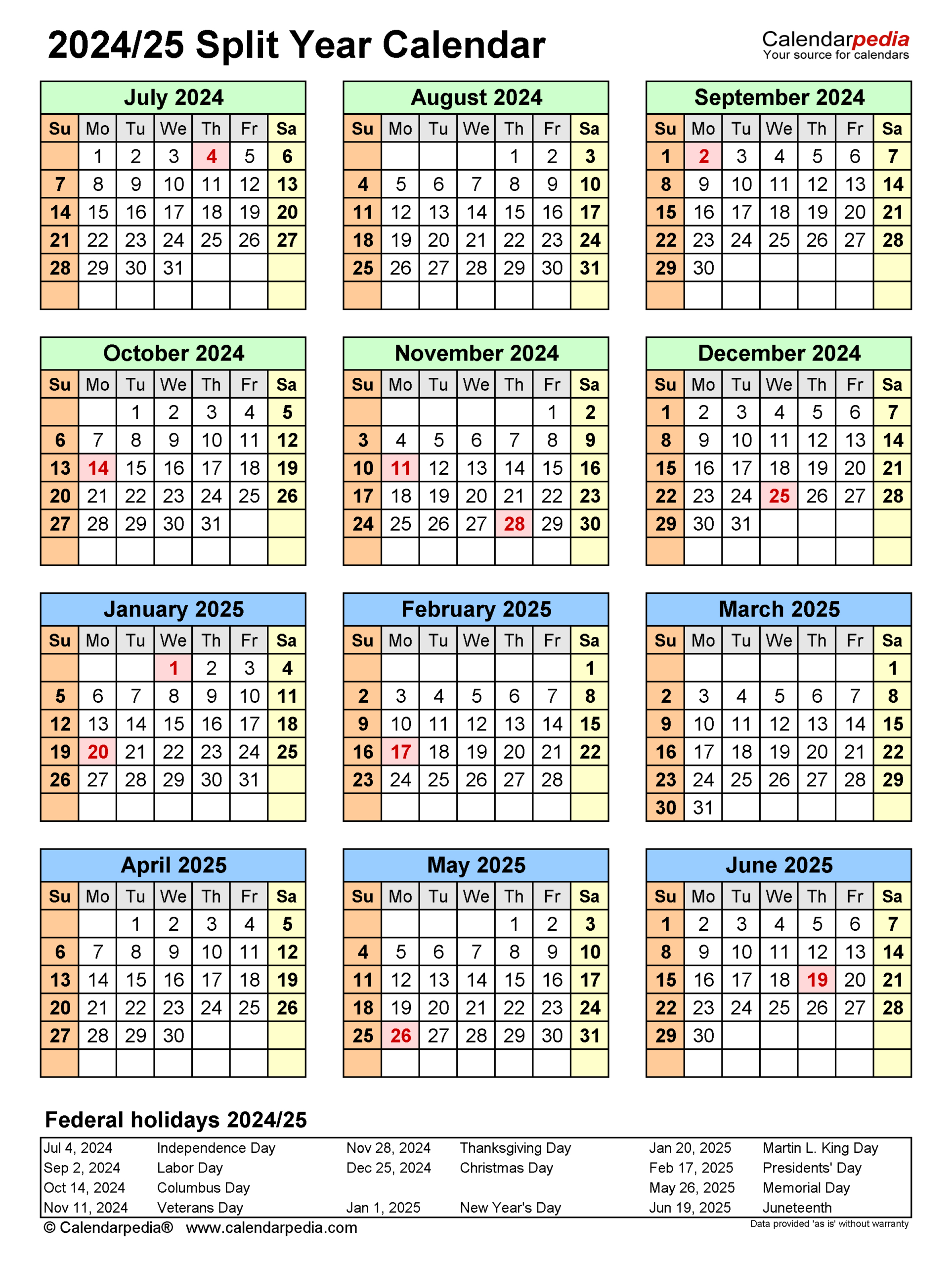 Split Year Calendars 2024/2025 (July To June) - Pdf Templates | August 2024 - June 2025 Calendar Printable