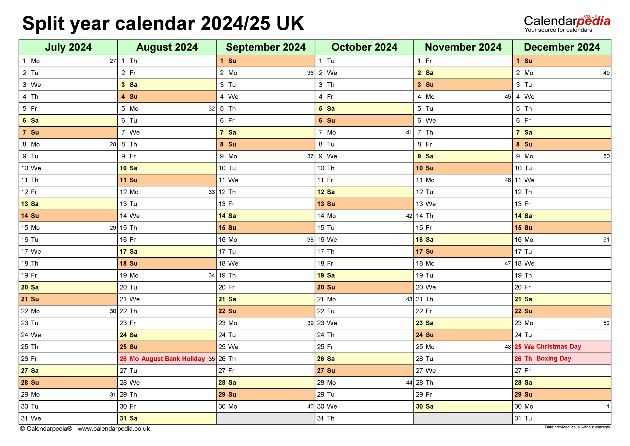 Split Year Calendars 2024/25 Uk (July To June) For Excel | July 2024 To June 2025 Calendar Excel