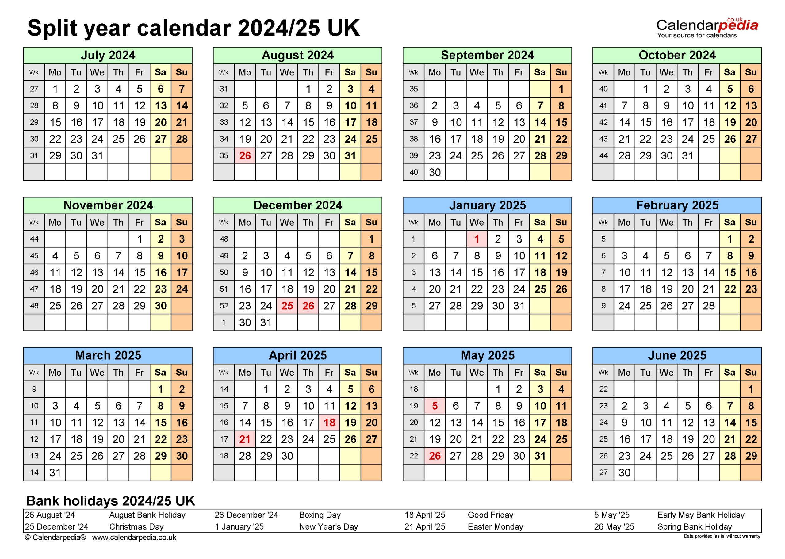 Split Year Calendars 2024/25 Uk (July To June) For Pdf | Blank Calendar September 2024 to June 2025